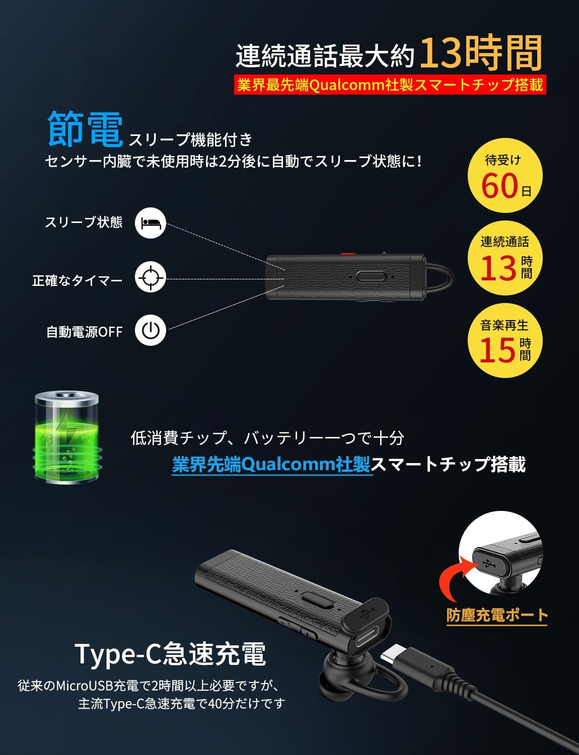 ワイヤレスイヤホン 日本語音声対応 Bluetooth ブラック デュアルマイク ENCノイズ低減 Qualcommチップ搭載