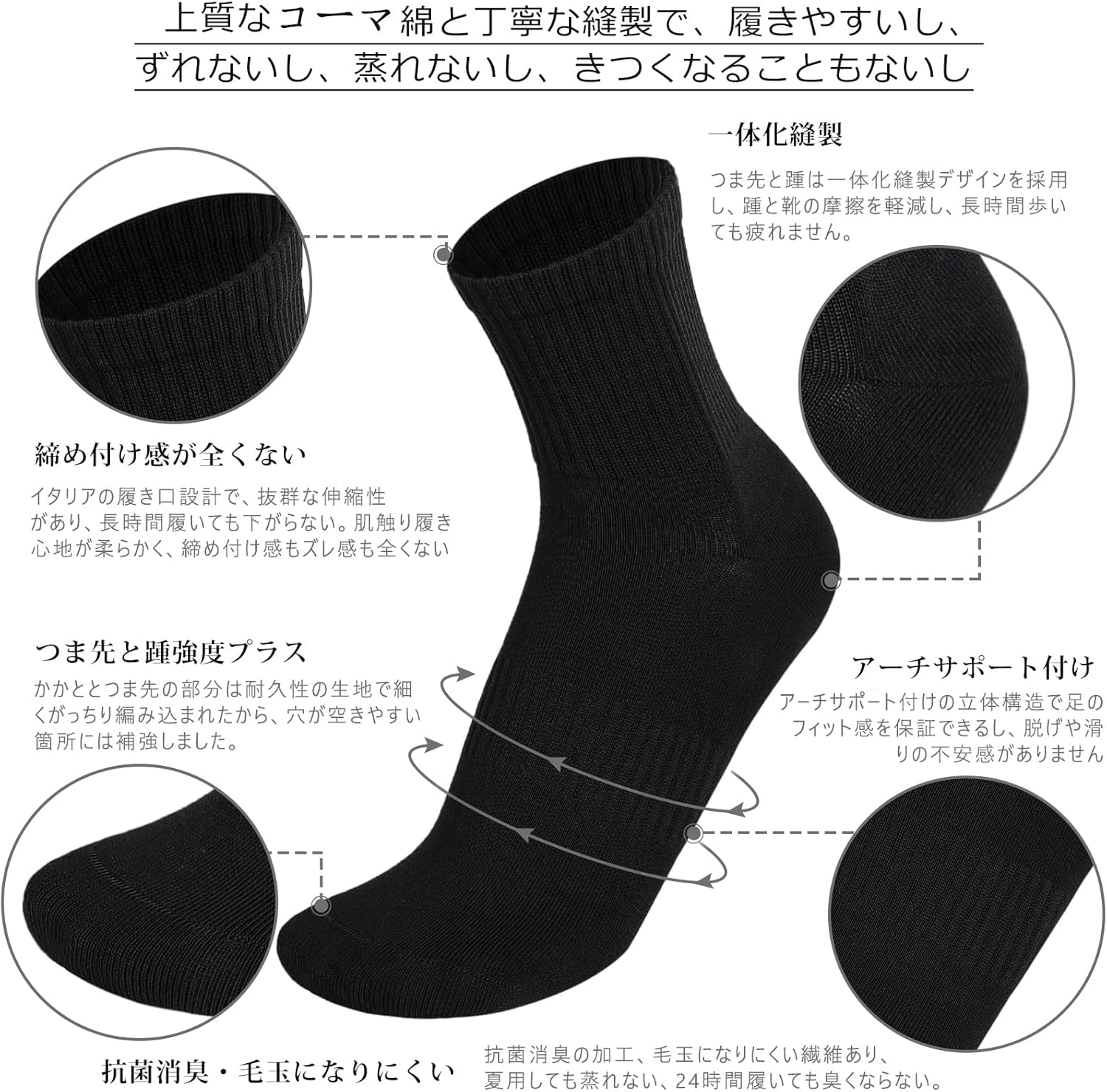 ビジネス用抗菌消臭ソックス メンズ 5足セット コーマ綿 通気性 黒 24.0～28.0cm