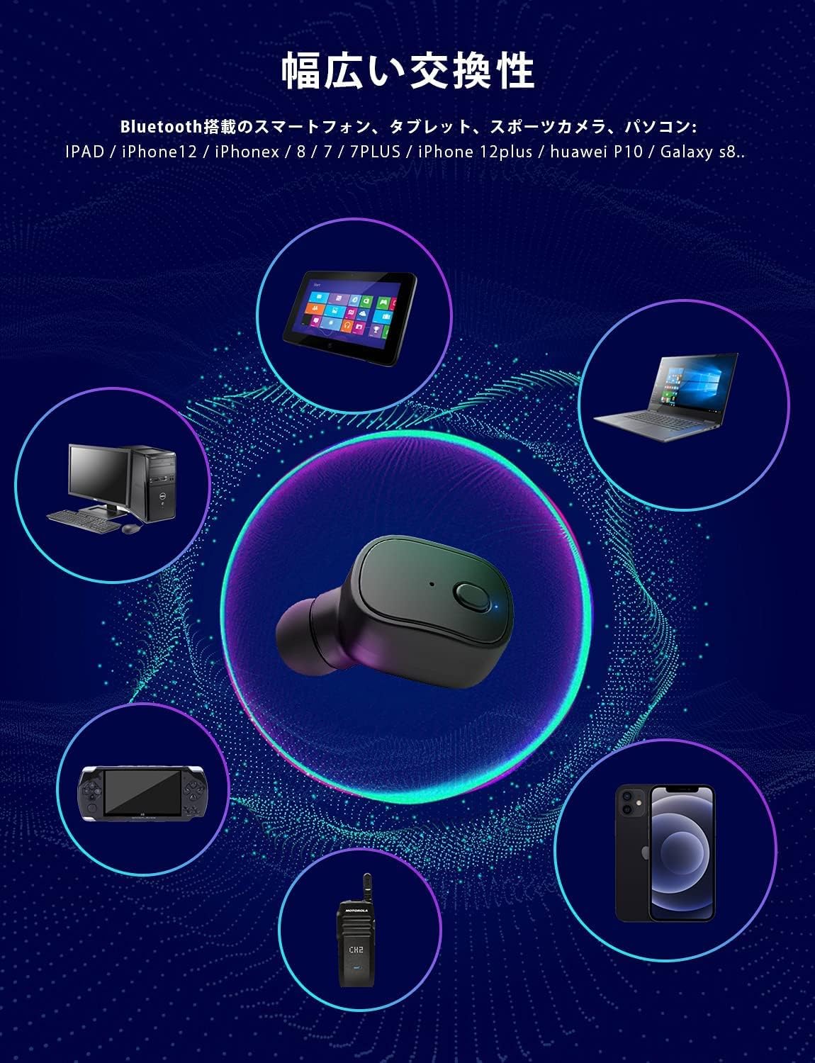 ワイヤレスBluetoothイヤホン CVC6.0ノイズリダクション IPX4防水 片耳用 コンパクト 12時間連続使用可能 日本語説明書付き