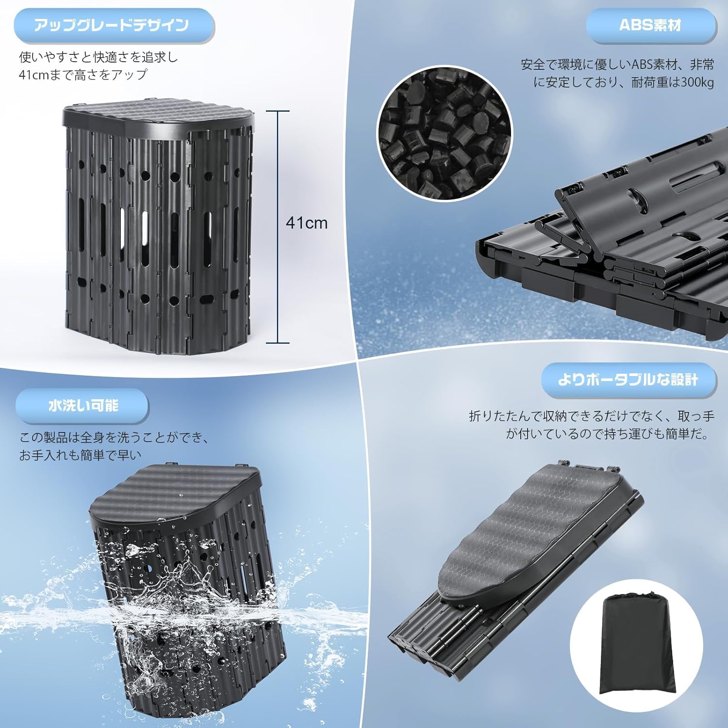 ポータブル簡易トイレ 耐荷重300kg 軽量 折りたたみ式 災害用収納袋付き (ブラック)