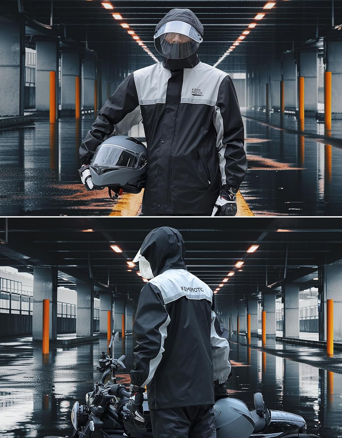 バイク用レインウェア メンズ 上下セット IPX6防水 耐水圧10000mm 取り外し式フード付き