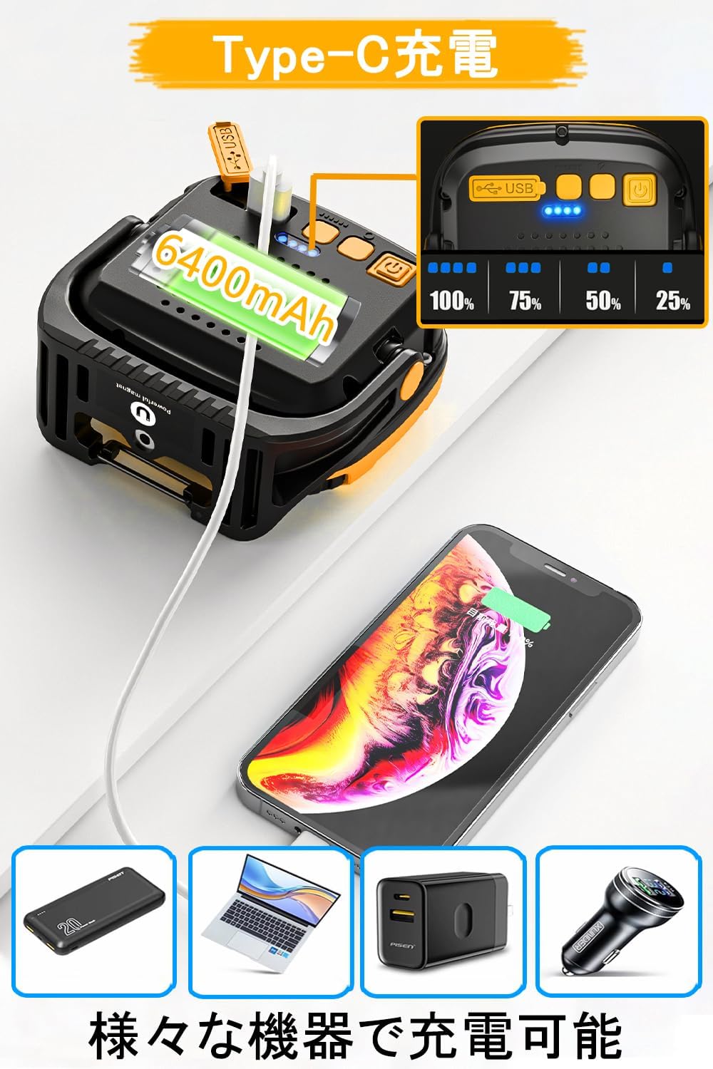 防災対策用LED投光器 4300LM USB充電式 モバイルバッテリー機能 フック付き 小型軽量