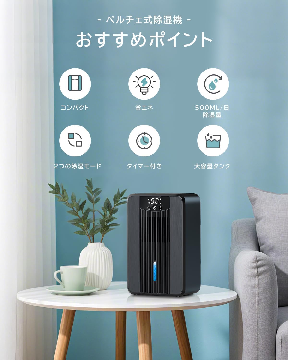 省エネ除湿機 小型 1000ml 大容量 コンパクト 卓上 静音 4-24時間タイマー付き ブラック