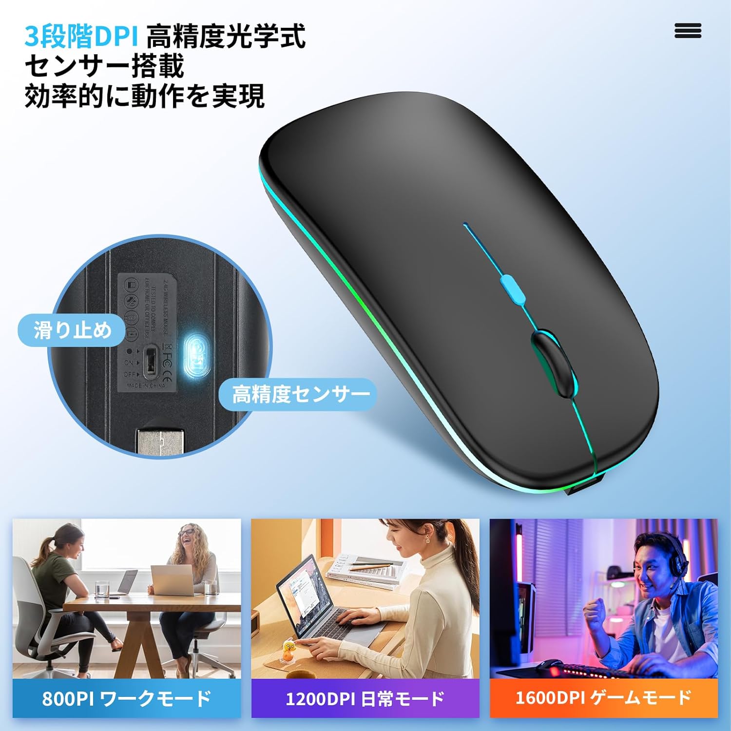 ワイヤレス超薄型マウス Type-C充電式 静音 7色ライト 2.4GHz パソコン/ Mac対応 (ブラック)