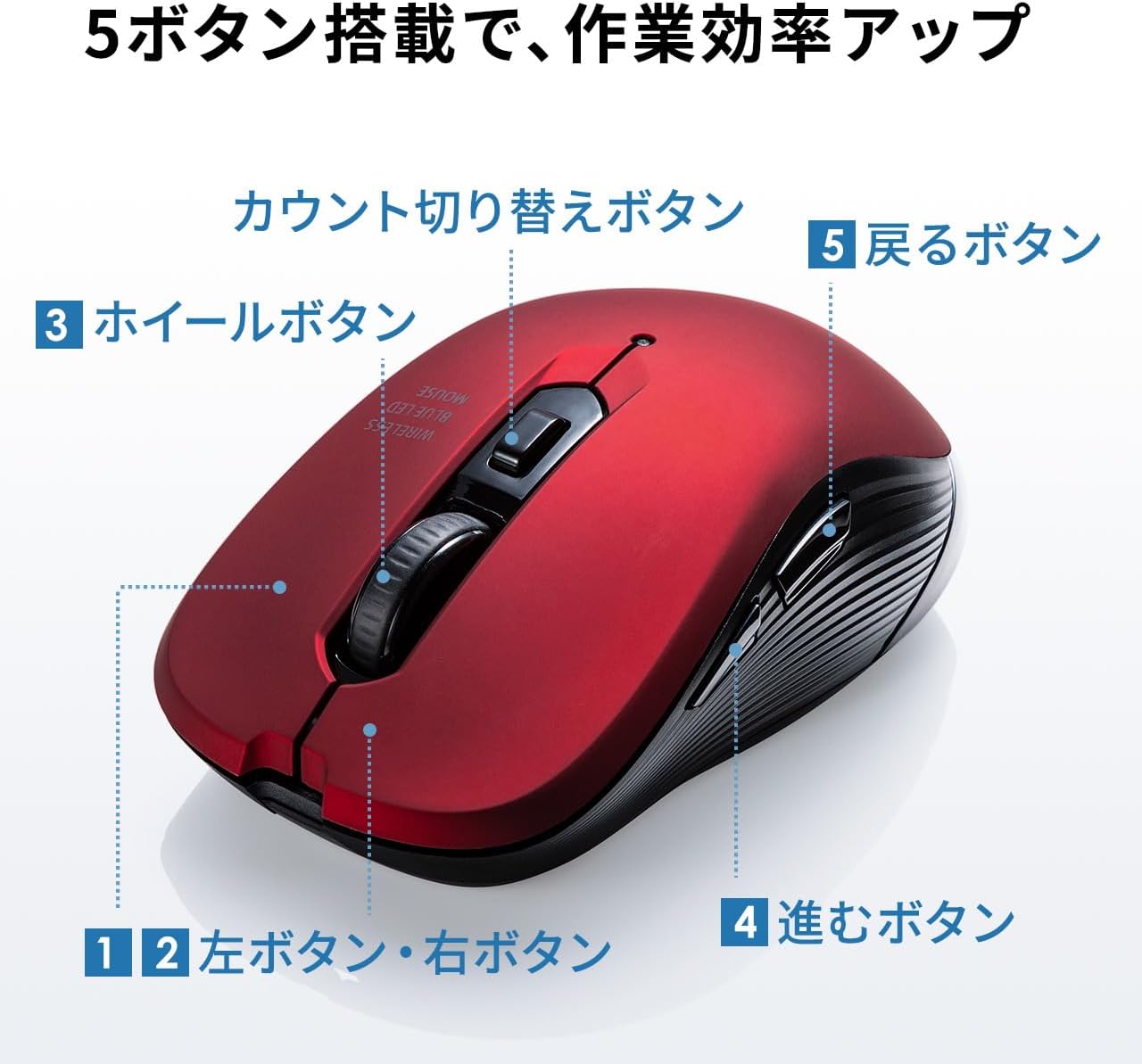サンワダイレクト 静音ワイヤレスマウス 5ボタン ブルーLED 400-MAWS097BL