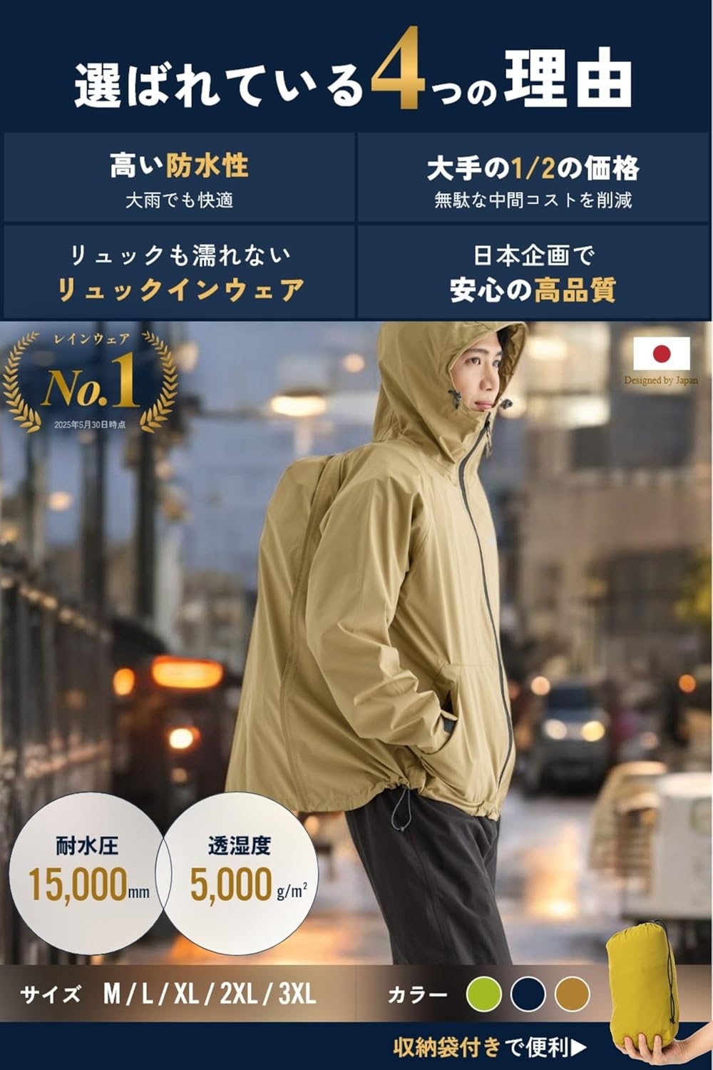 メンズ防水レインウェア上下セット｜リュック対応・収納袋付き