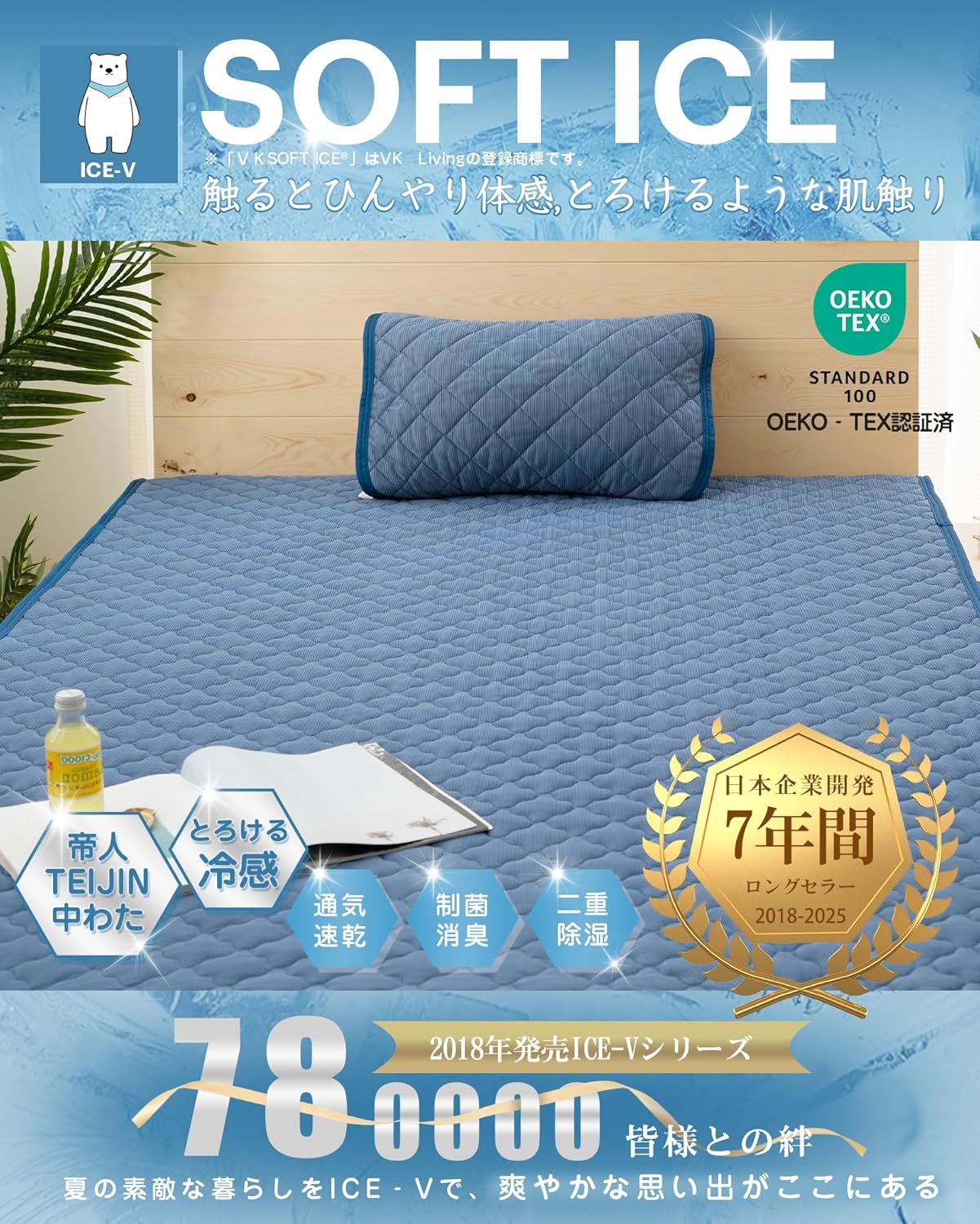 夏用冷感敷パッド シングル 100x205cm 【TEIJIN マイティトップ中綿】 防ダニ抗菌 消臭洗える ネイビー