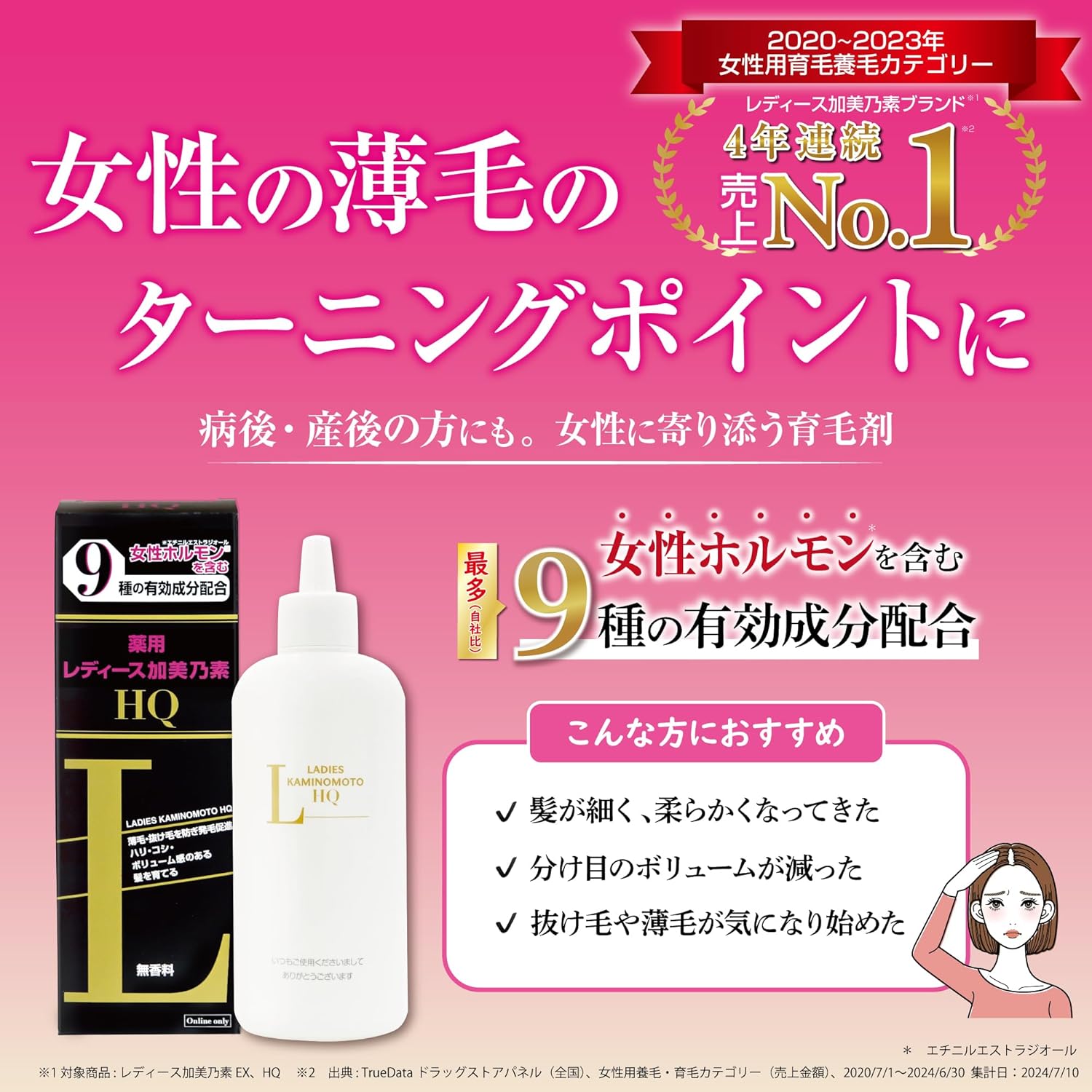 女性用育毛剤 加美乃素HQ 無香料 200mL 大容量サイズ 9種の有効成分配合