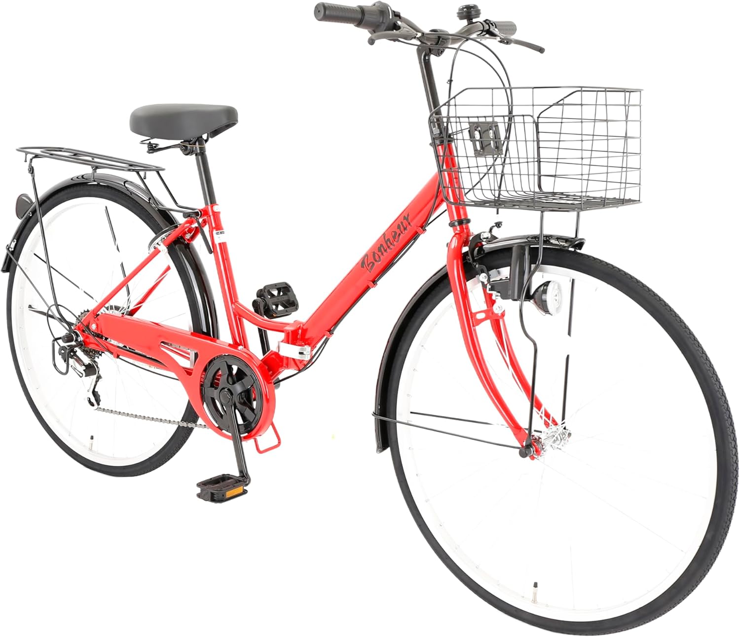 「ママチャリ シティサイクル 26インチ シマノ6段変速 折りたたみ自転車 大型カゴ付き 通勤通学用」