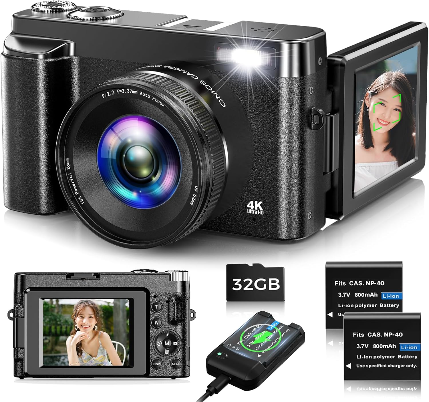 初心者向け 4Kデジタルカメラ 4800万画素 自撮り機能付き オートフォーカス 16倍ズーム バッテリー2枚セット