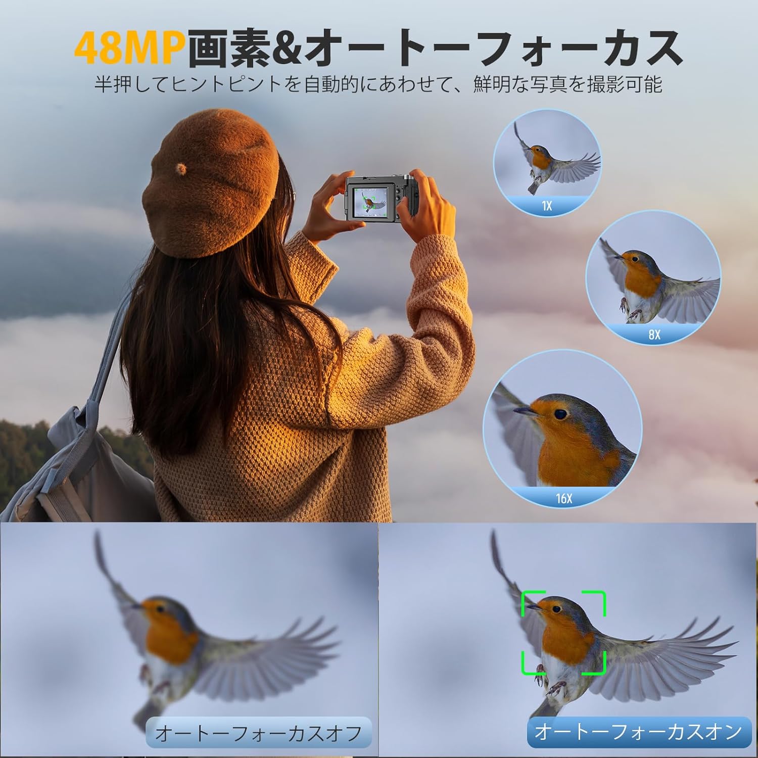 初心者向け 4Kデジタルカメラ 4800万画素 自撮り機能付き オートフォーカス 16倍ズーム バッテリー2枚セット