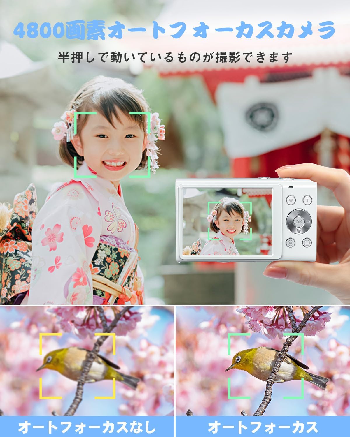 初心者向け 4800万画素 4Kデジタルカメラ オートフォーカス 軽量ホワイト