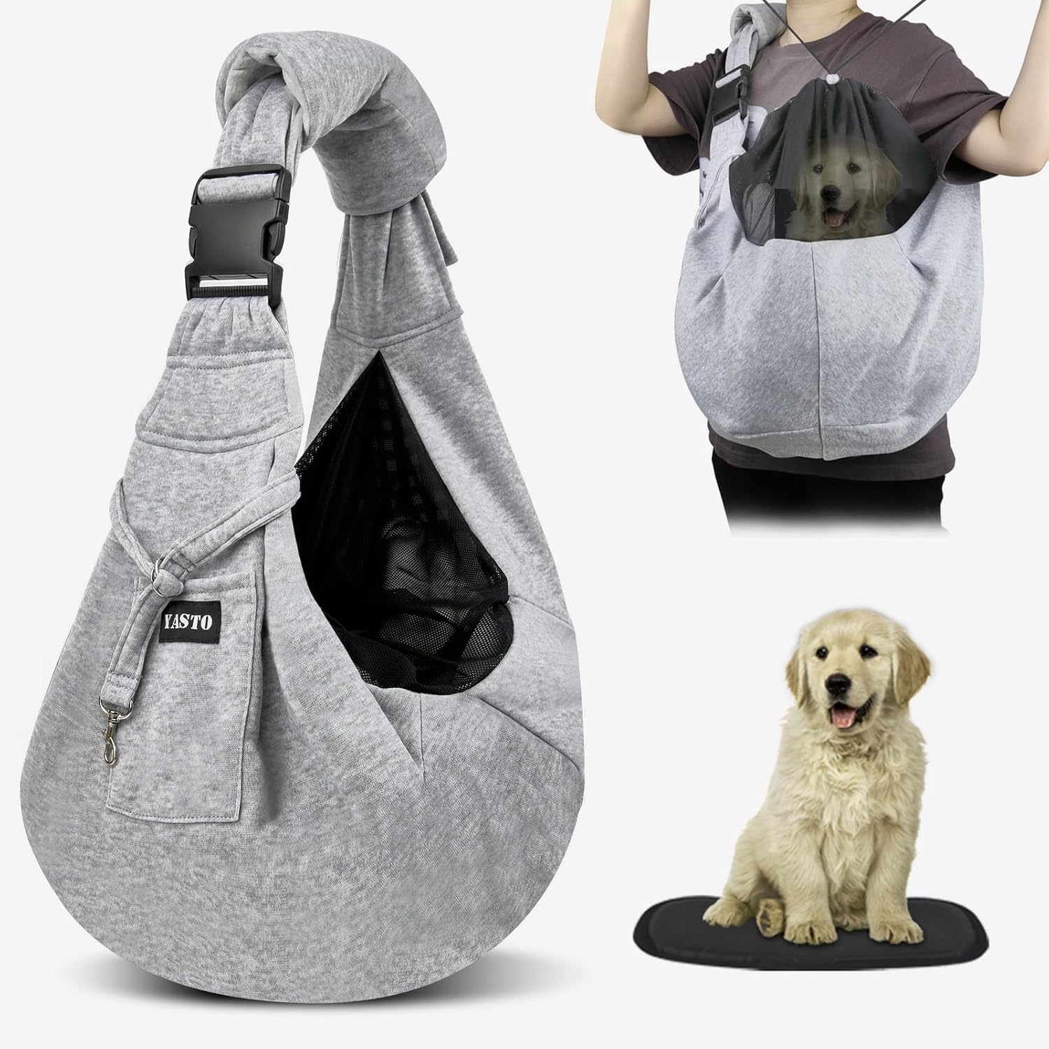 【現役ペットトレーナー監修】Yasto ペットスリング 小型犬用 (グレー) 調節可能・飛び出し防止メッシュネット付き