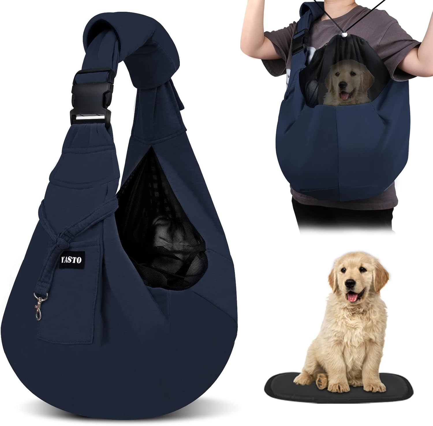 【現役ペットトレーナー監修】Yasto ペットスリング 犬用 調節可能 メッシュネット搭載 肩掛けバッグ ネイビー