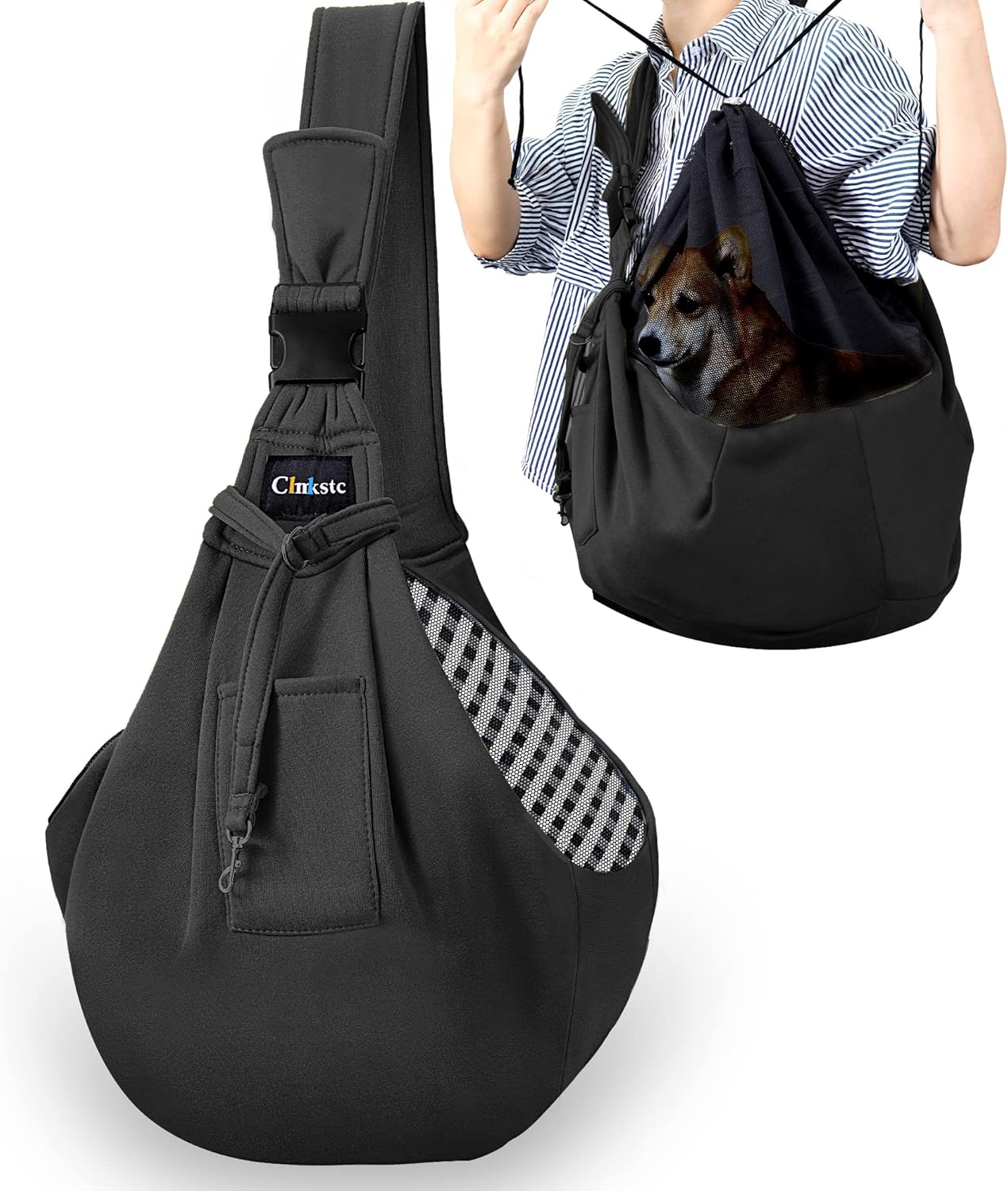 お出かけ用ペットスリングバッグ(小型犬・猫用)メッシュネット・安全ストラップ付き(ブラック)