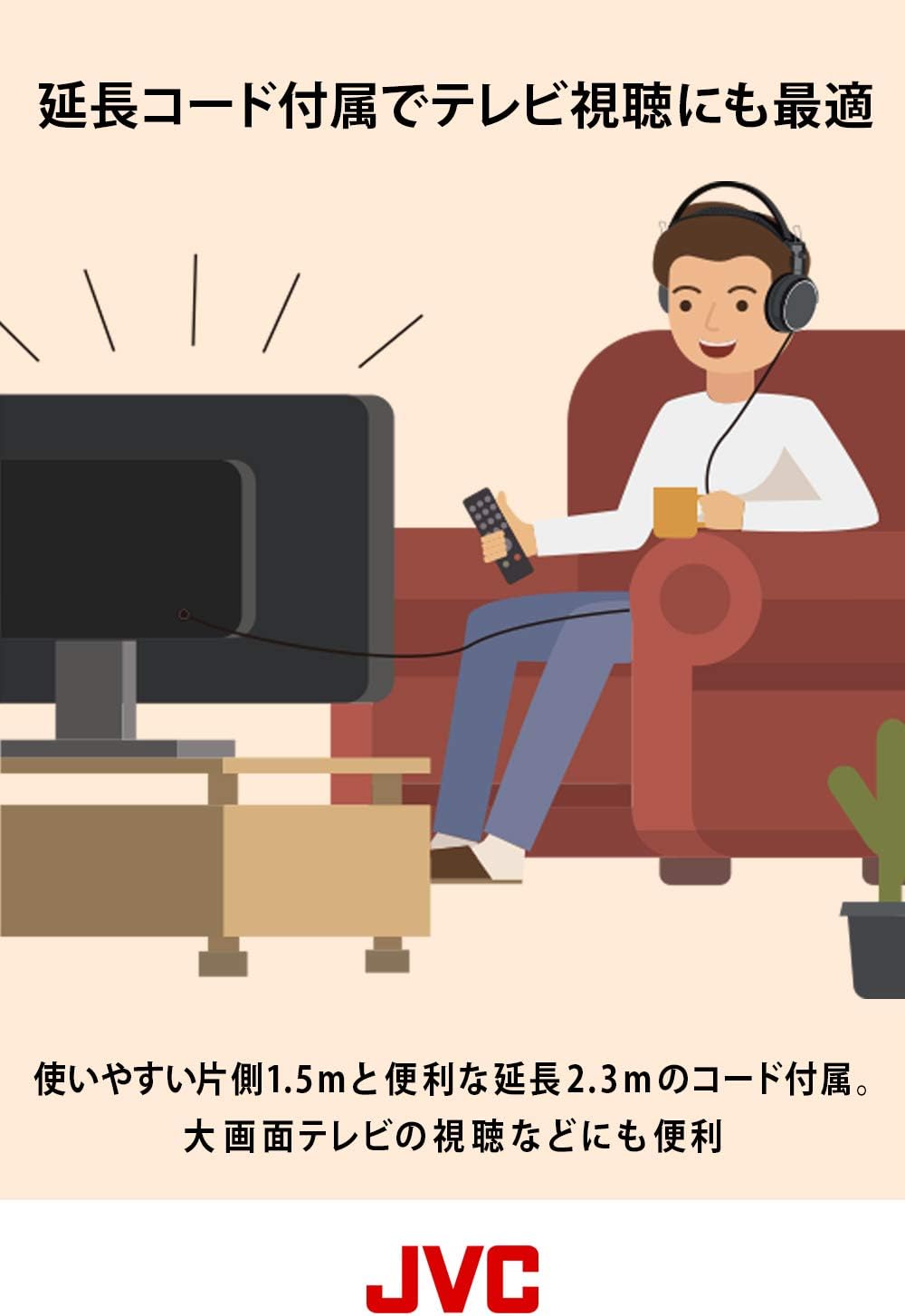 JVC HA-RZ910 密閉型ステレオヘッドホン 室内用（テレビ・ゲーム向け）1.2m＋延長2.3mコード付き
