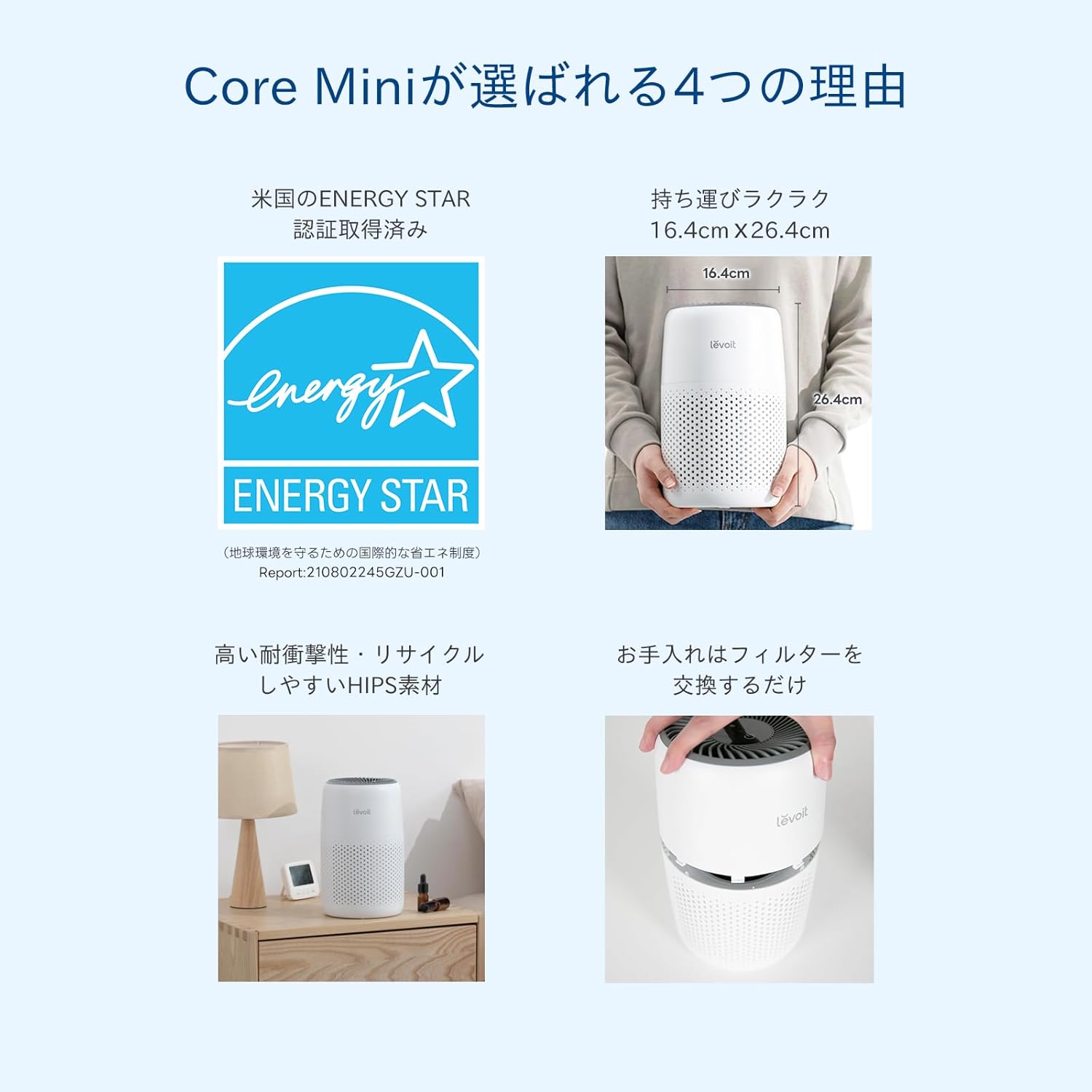 節電対策 小型空気清浄機 Levoit Core Mini ホワイト ペット・花粉対応 HEPAフィルター