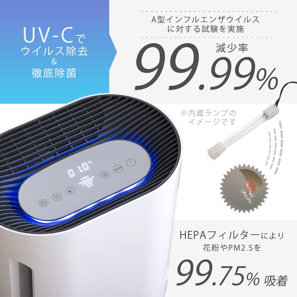 紫外線でウイルス除去可能な空気清浄機 HEPAフィルター搭載 10畳用