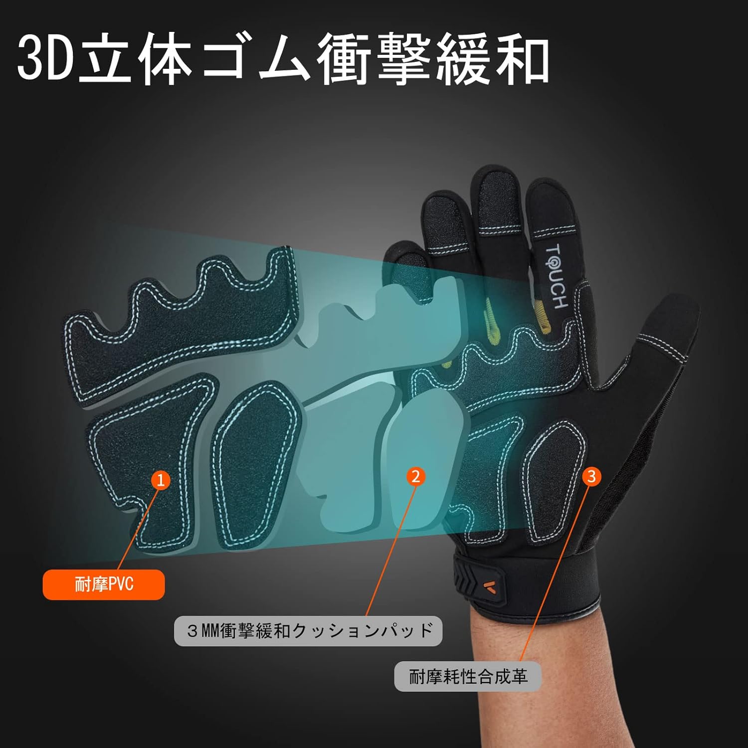 衝撃吸収メカニックグローブ メンズ タッチパネル対応 ブラック SL8849