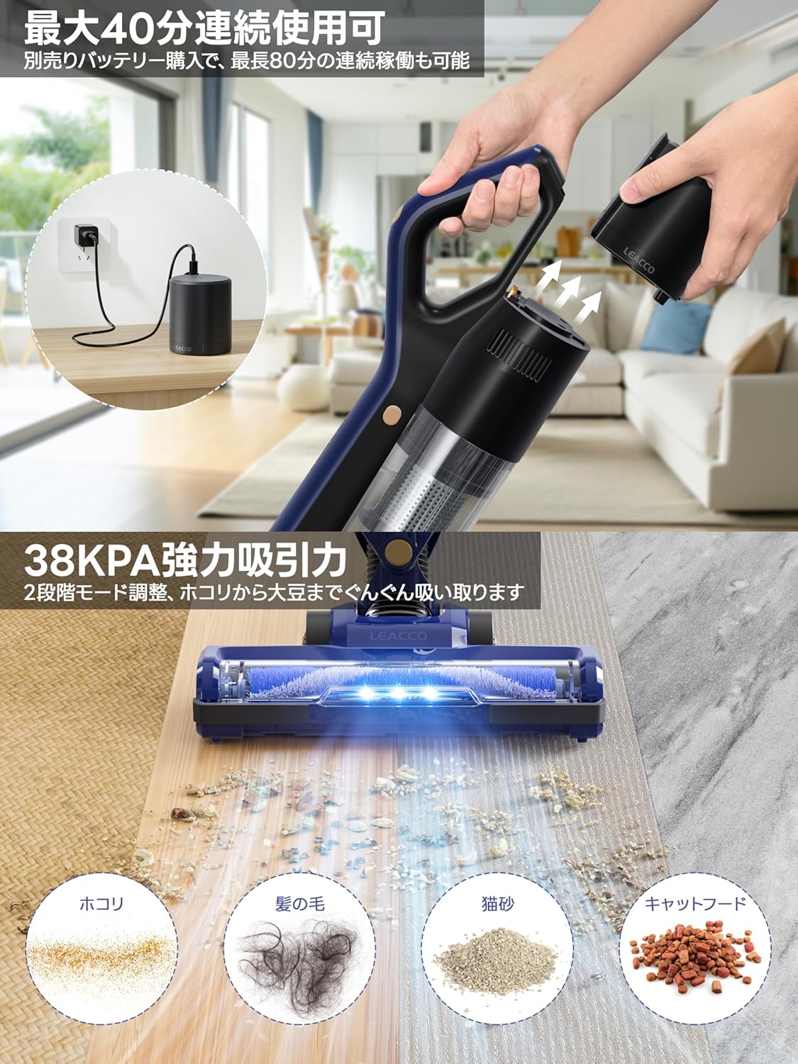 コードレス掃除機 38000pa 軽量1KG LEDライト付き 2WAYサイクロン 40分稼働 HEPAフィルター 多機能ノズル付き