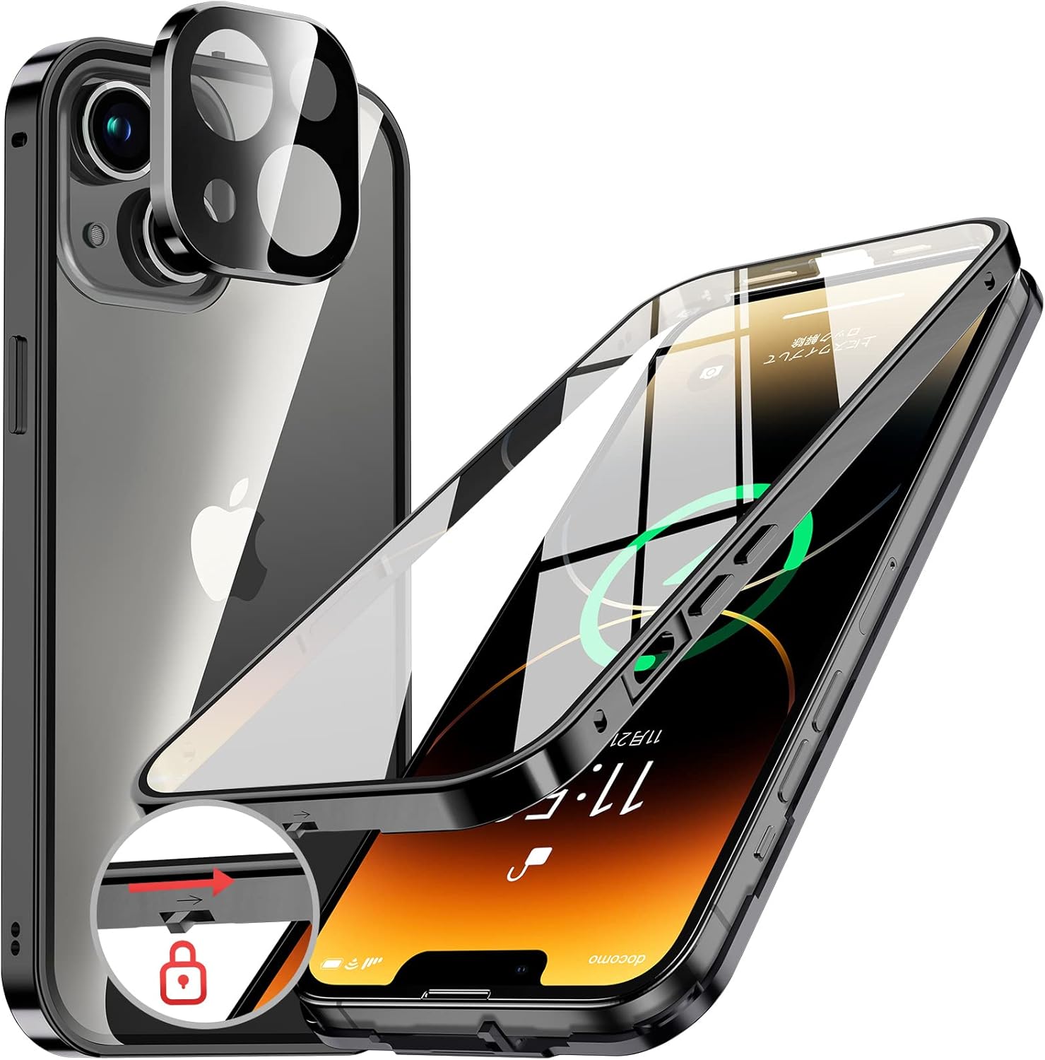 iPhone14用クリアケース【両面強化ガラス・アルミバンパー】防衝撃・薄型・ワイヤレス充電対応