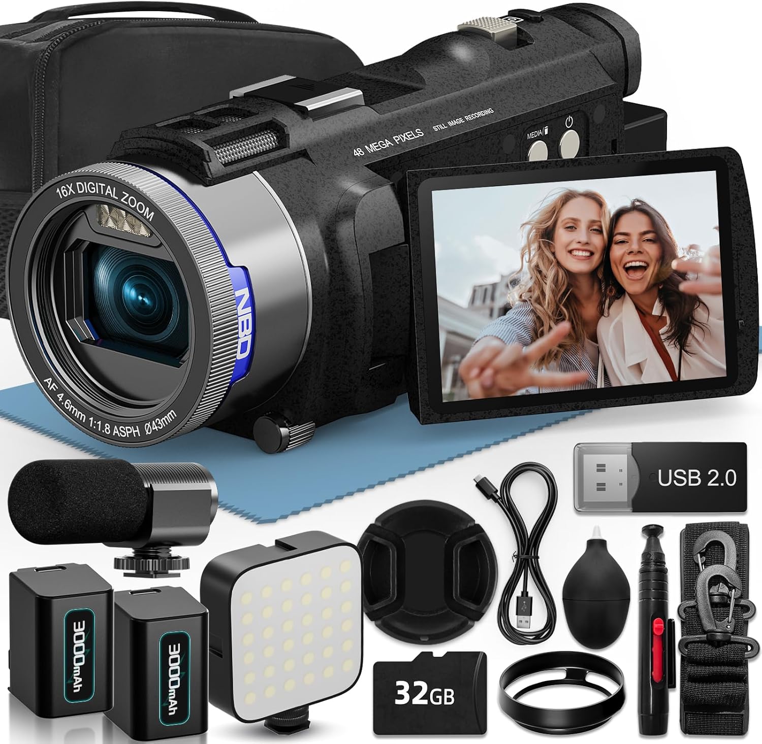 4K 4800万画素 Vlogカメラ WiFi機能・16倍ズーム・手ぶれ補正・32GBカード&バッテリー2個付属【運動会/入学式用】