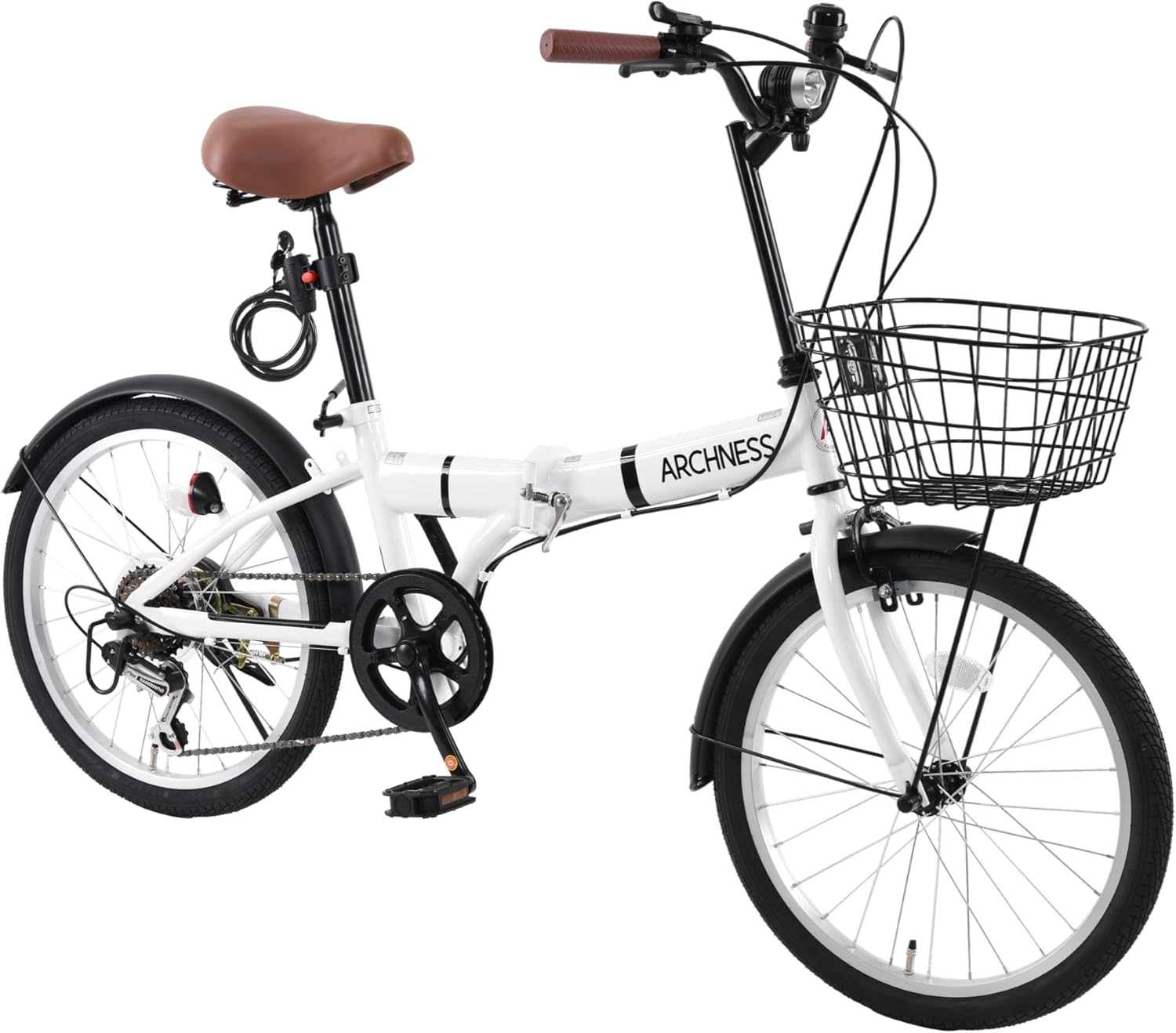 通勤・通学に最適！軽量20インチ折りたたみ自転車・シマノ6段変速・カゴ・ワイヤー錠・LEDライト付き