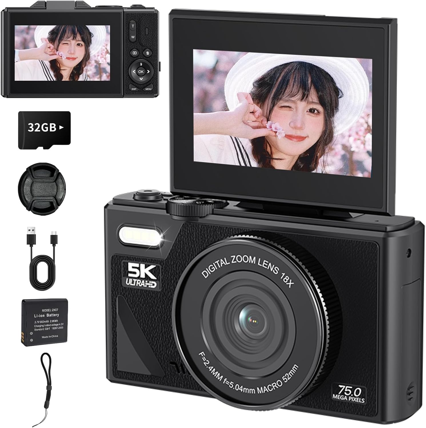 初心者向け 7500万画素 デジタルカメラ 5K動画撮影 AF機能 自撮り180°回転スクリーン (ブラック)