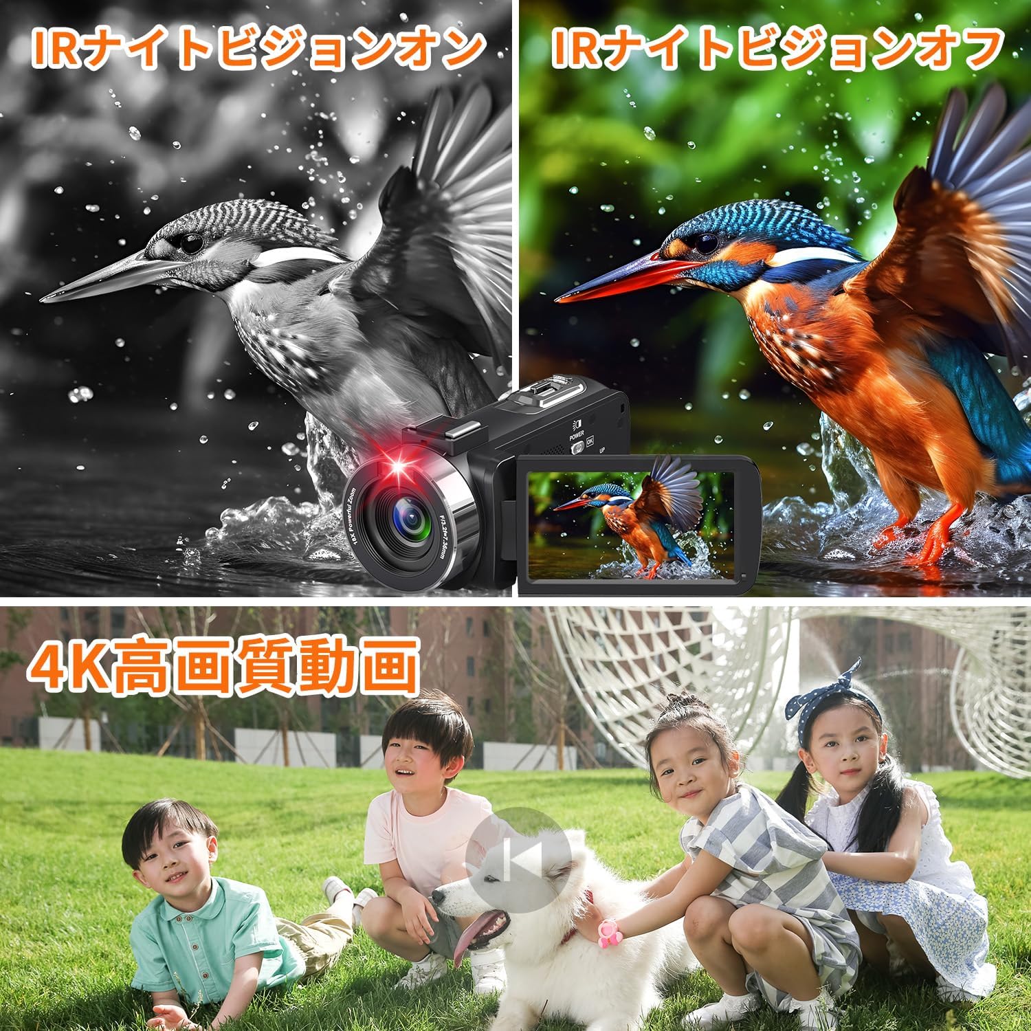 4K動画対応Vlogカメラ - 4400万画素、270°回転、18倍デジタルズーム、IR暗視、LEDフィルライト、リモコン付き、32GB SDカードとマイク付属