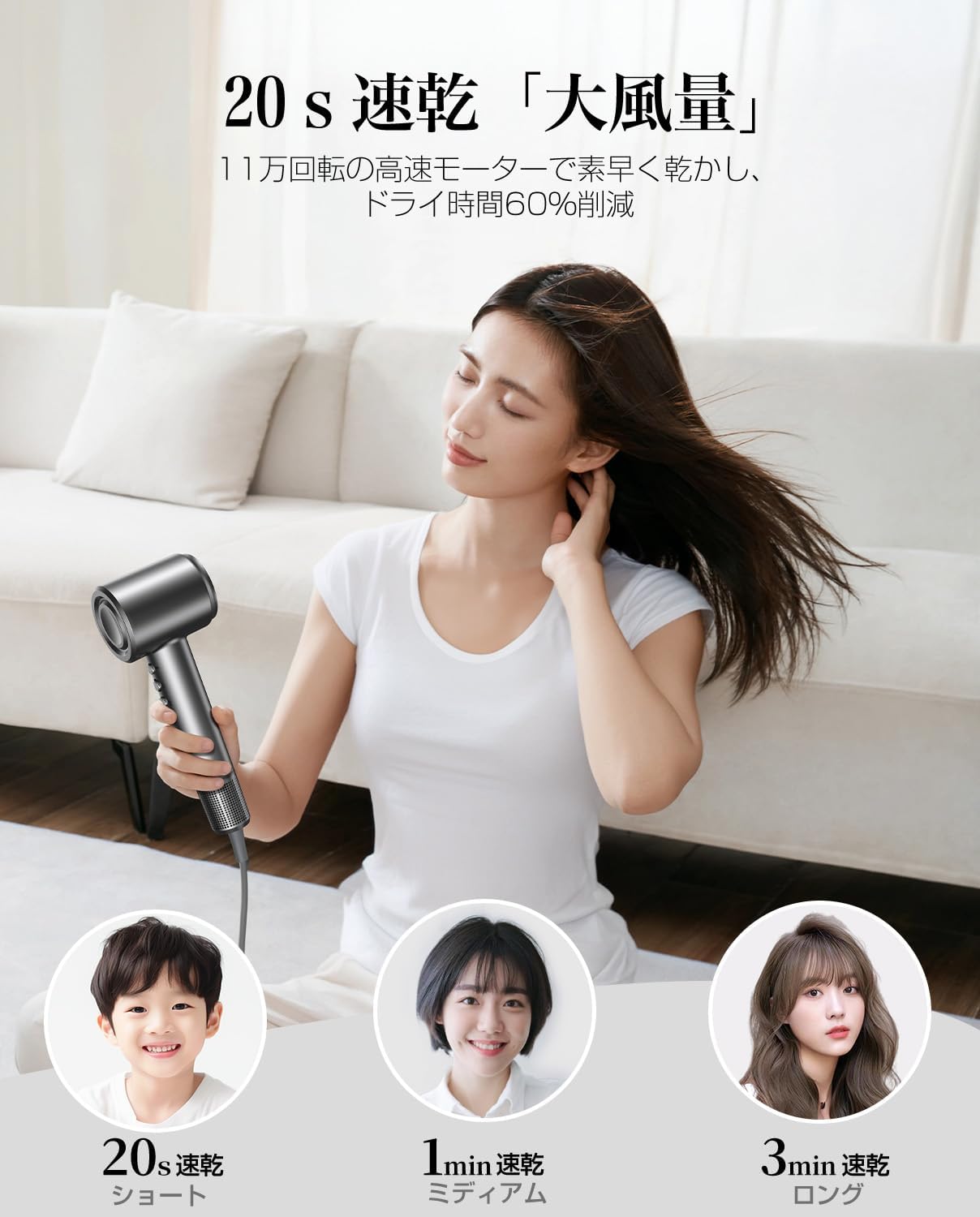 2025進化モデル 大風量・高速ドライヤー 2億高濃度マイナスイオン 静電気抑制・温度制御機能搭載【静音・旅行・家庭用】（グレー）