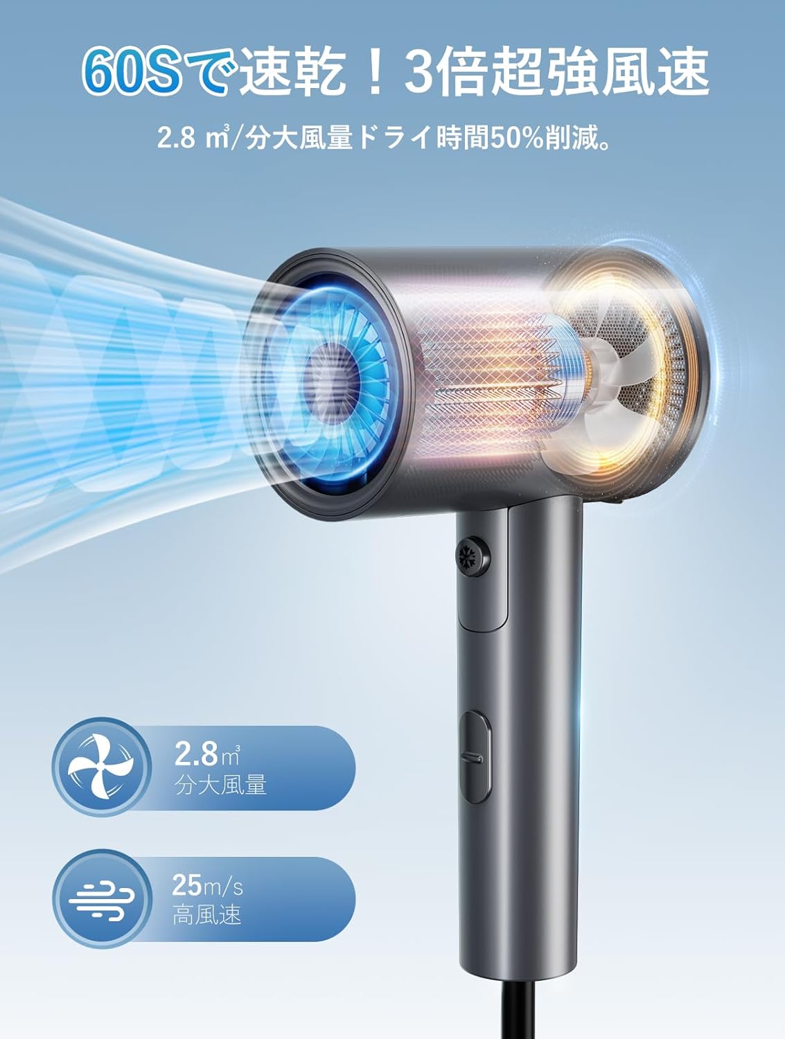大風量速乾ヘアドライヤー【2025革新版】マイナスイオン・静音設計・折り畳み式