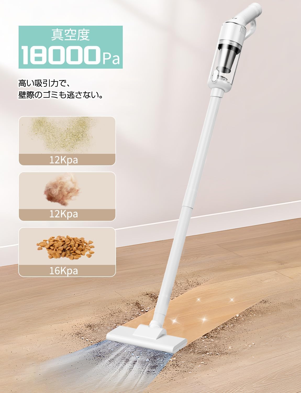 コードレス掃除機 18000Pa強力吸引 HEPAフィルター Type-C充電式 家庭用 日本語取扱説明書付き (ホワイト)