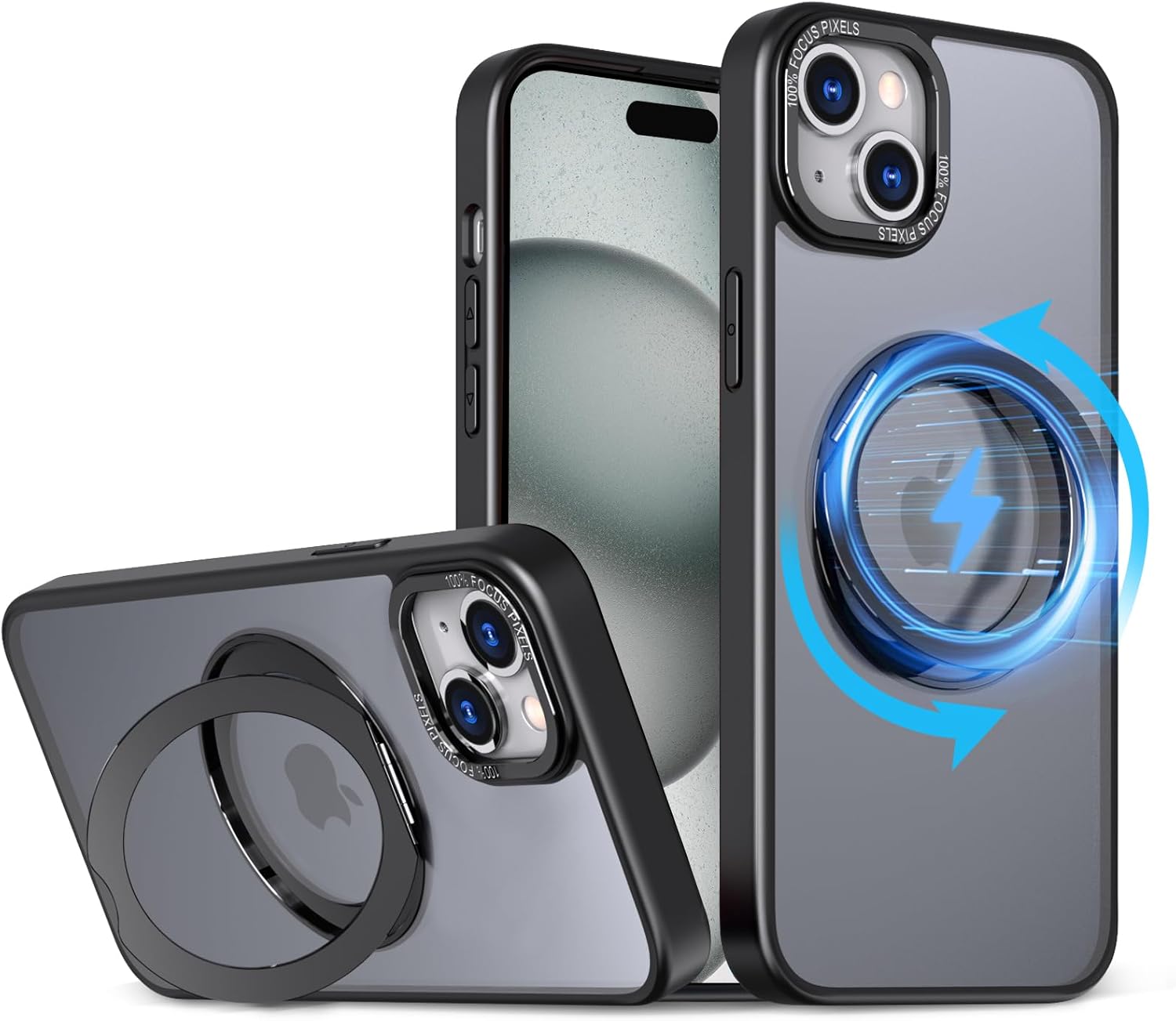 iPhone15用 マグセーフ対応耐衝撃ケース ブラック　360°回転スタンド付き