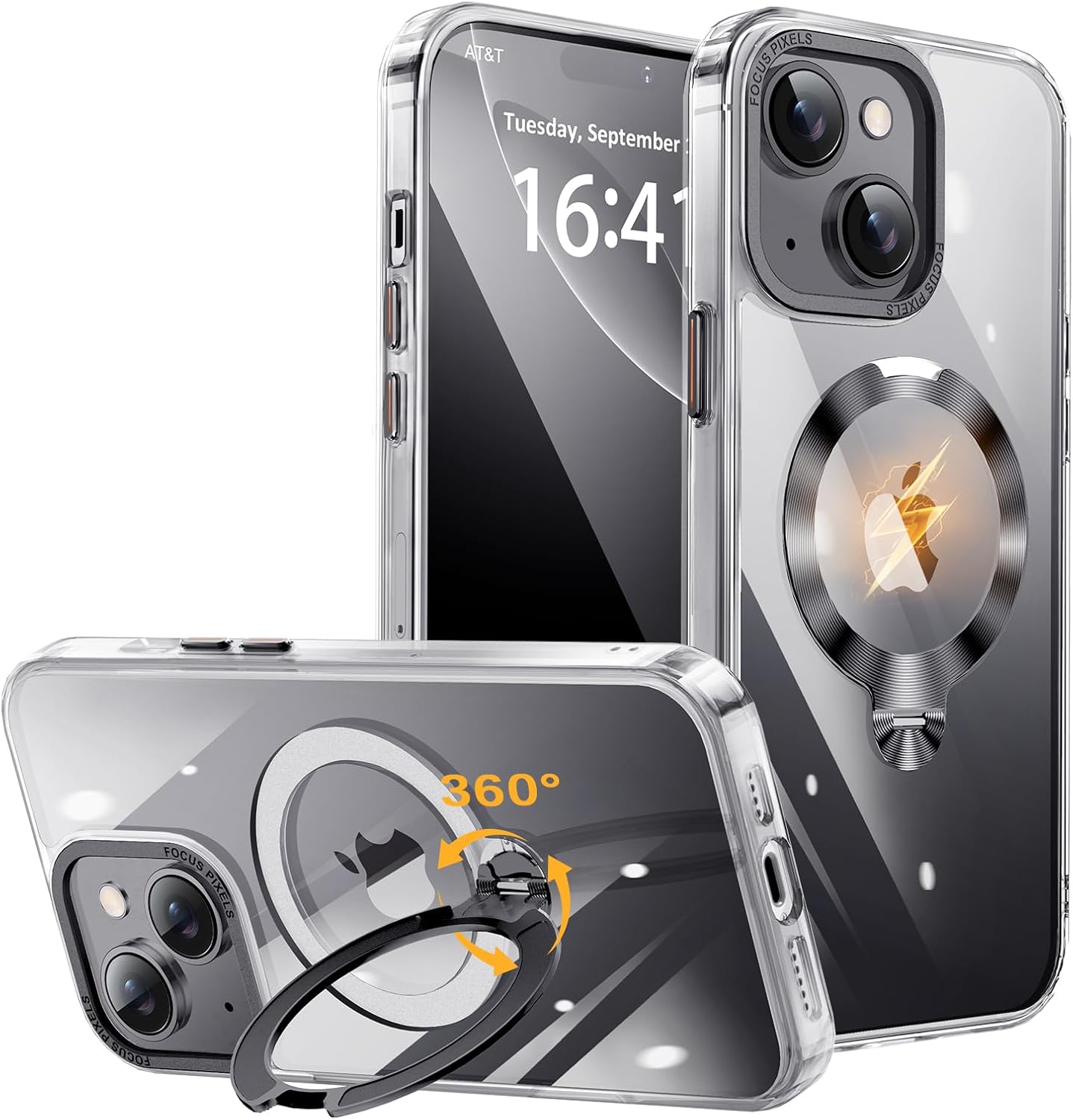 iPhone 15 用 360°回転多機能スタンドケース（透明・ブラック）MagSafe・ワイヤレス充電対応・耐衝撃・黄変防止