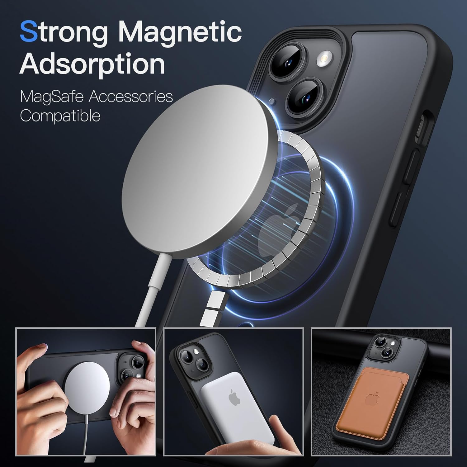 iPhone 15用 MagSafe対応 薄型マットケース（半透明・ブラック）