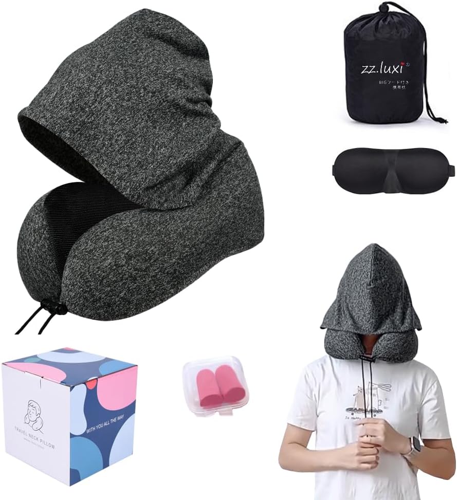 旅行用 ネックピロー フード付き 低反発 U型 大容量収納 耳栓 アイマスク 付き（ダークグレー）