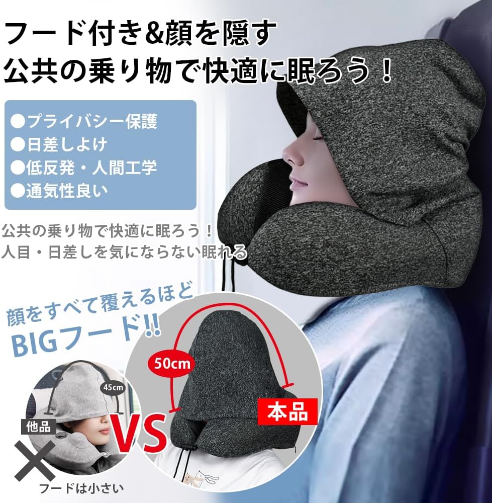 旅行用 ネックピロー フード付き 低反発 U型 大容量収納 耳栓 アイマスク 付き（ダークグレー）