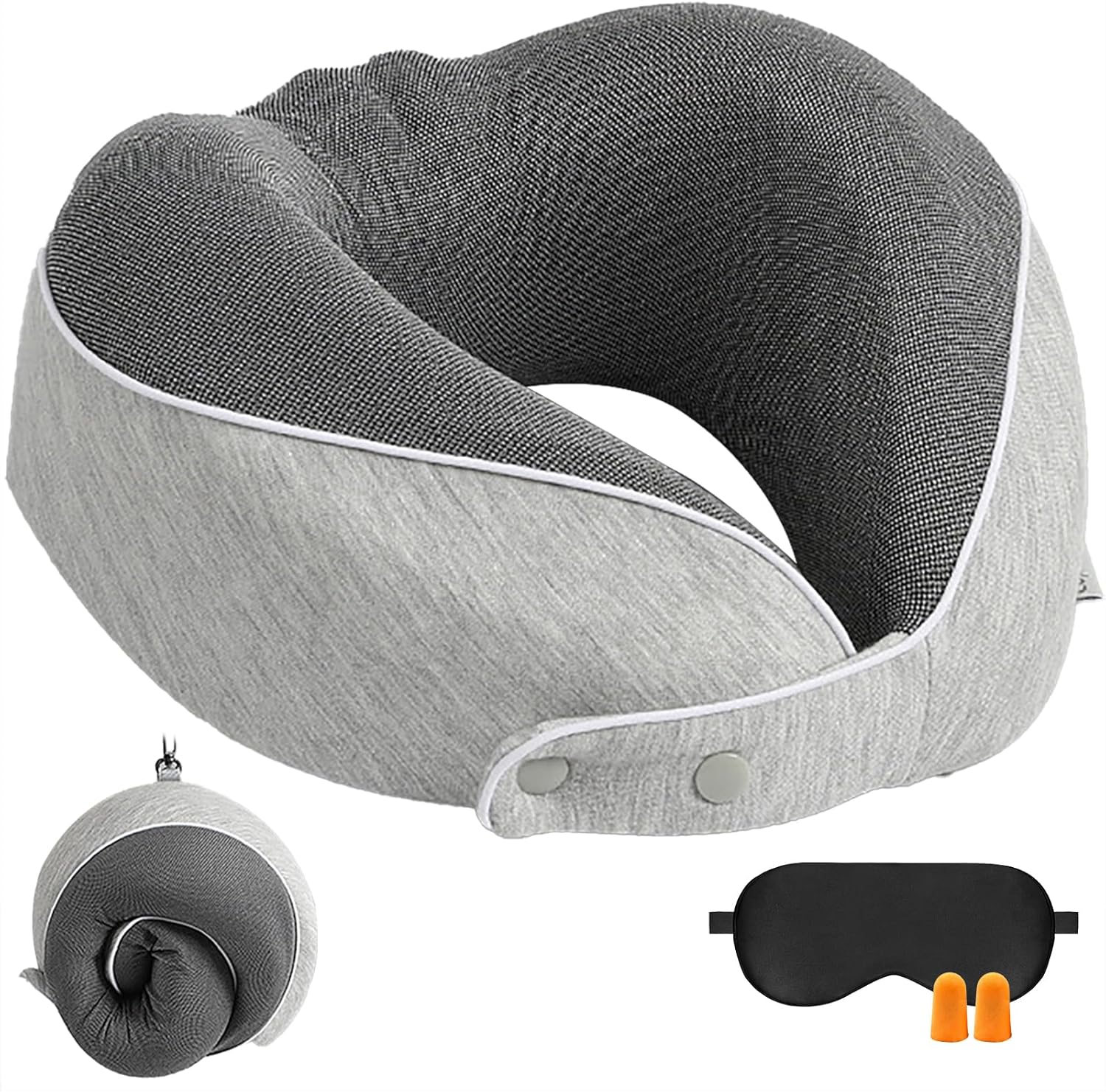 旅行用低反発U型ネックピロー - 洗濯可能カバー・収納ポーチ付き (ライトグレー)