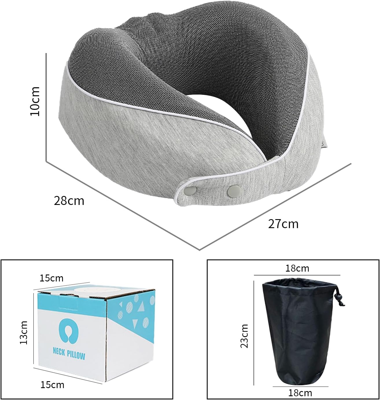 旅行用低反発U型ネックピロー - 洗濯可能カバー・収納ポーチ付き (ライトグレー)