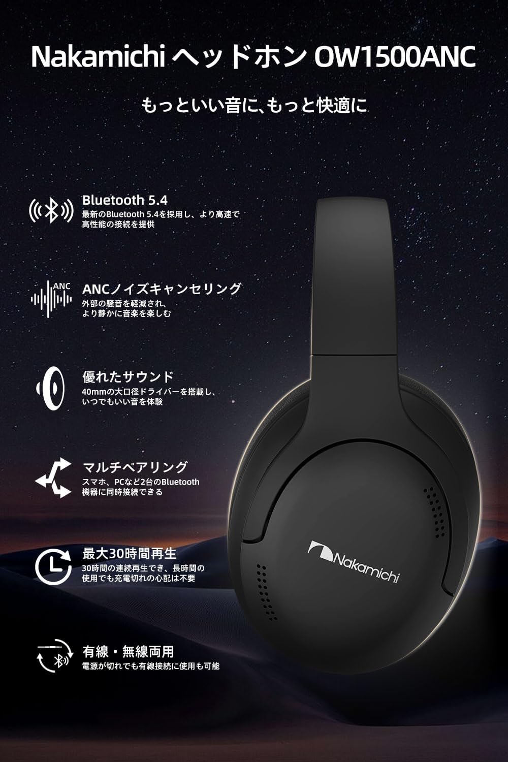 Bluetooth 5.4 ワイヤレスヘッドホン ANCノイズキャンセリング マルチポイント対応 連続30時間再生 ブラック