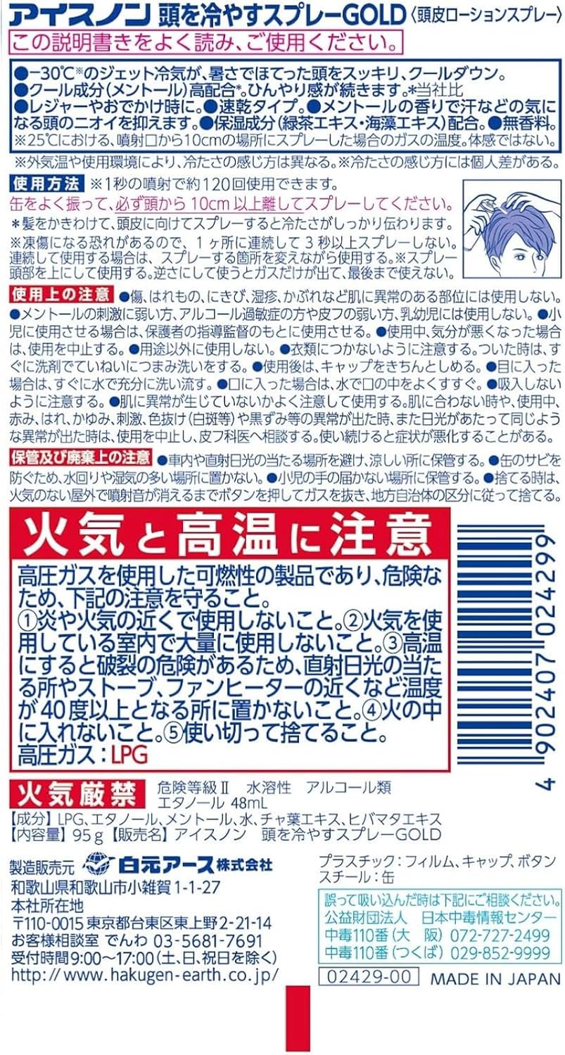 冷却スプレーアイスノンGOLD 頭皮クールダウン用 夏の暑さ対策 ひんやり冷感