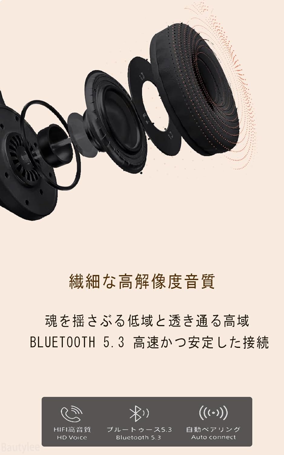 ワイヤレスヘッドホン Bluetooth 5.3 HiFi重低音/最大46時間再生/折り畳み型/マイク付き（ブラック）