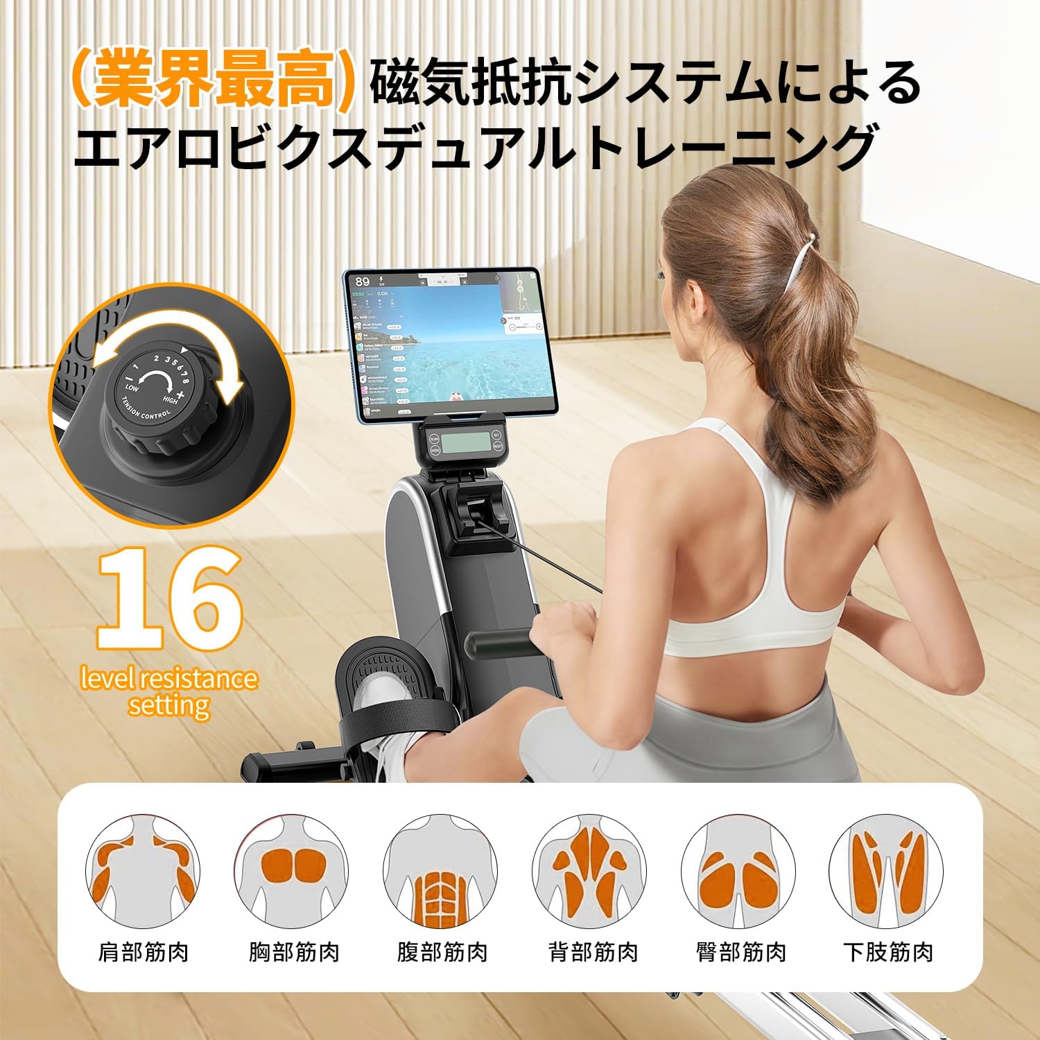 家庭用静音ローイングマシン 16段階負荷 マグネット式 複線デザイン 省スペース 【5年間商品保証】