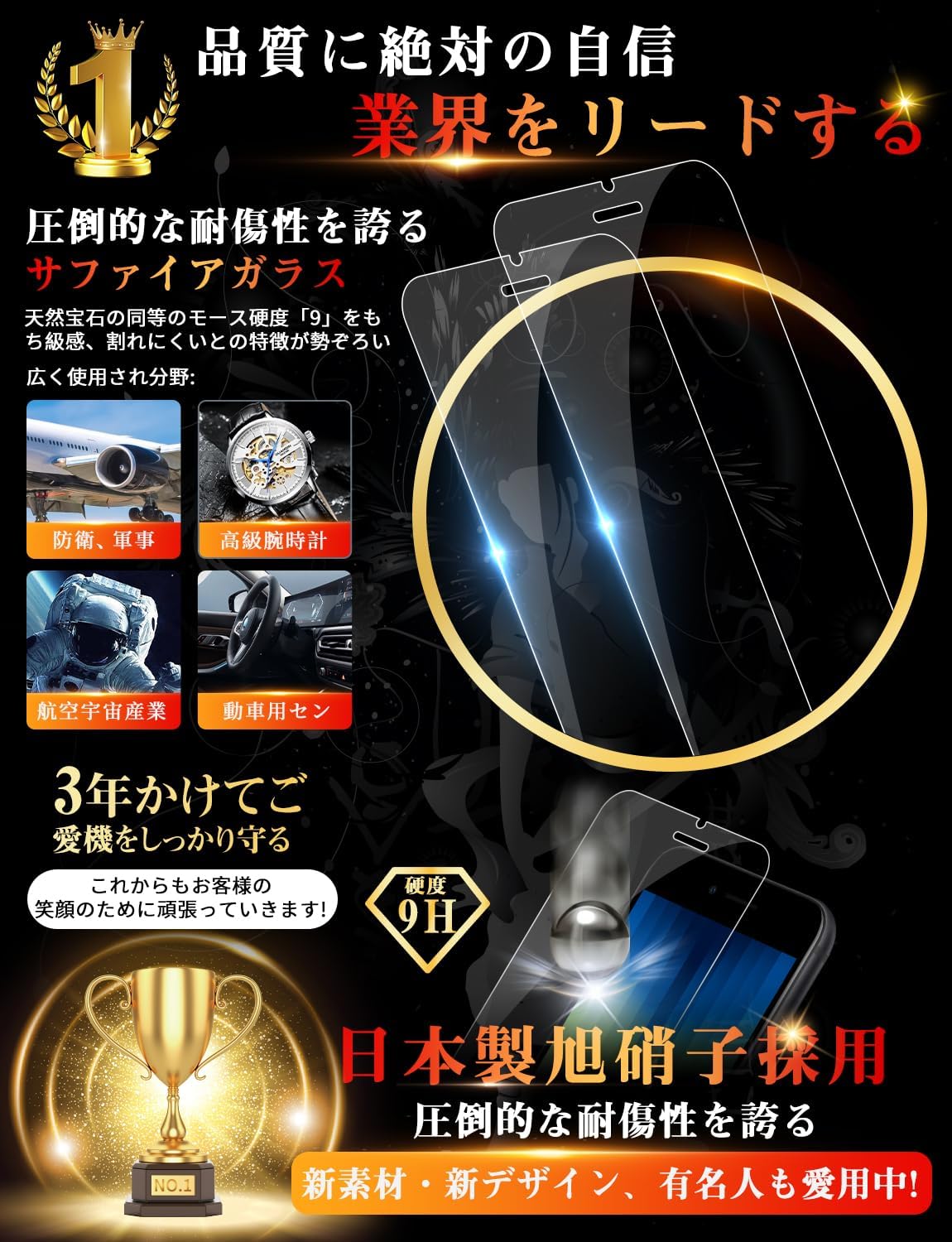 iPhone SE3/SE2/8/7対応 旭硝子製ガラスフィルム 2枚入り 耐衝撃・高透過率・気泡防止