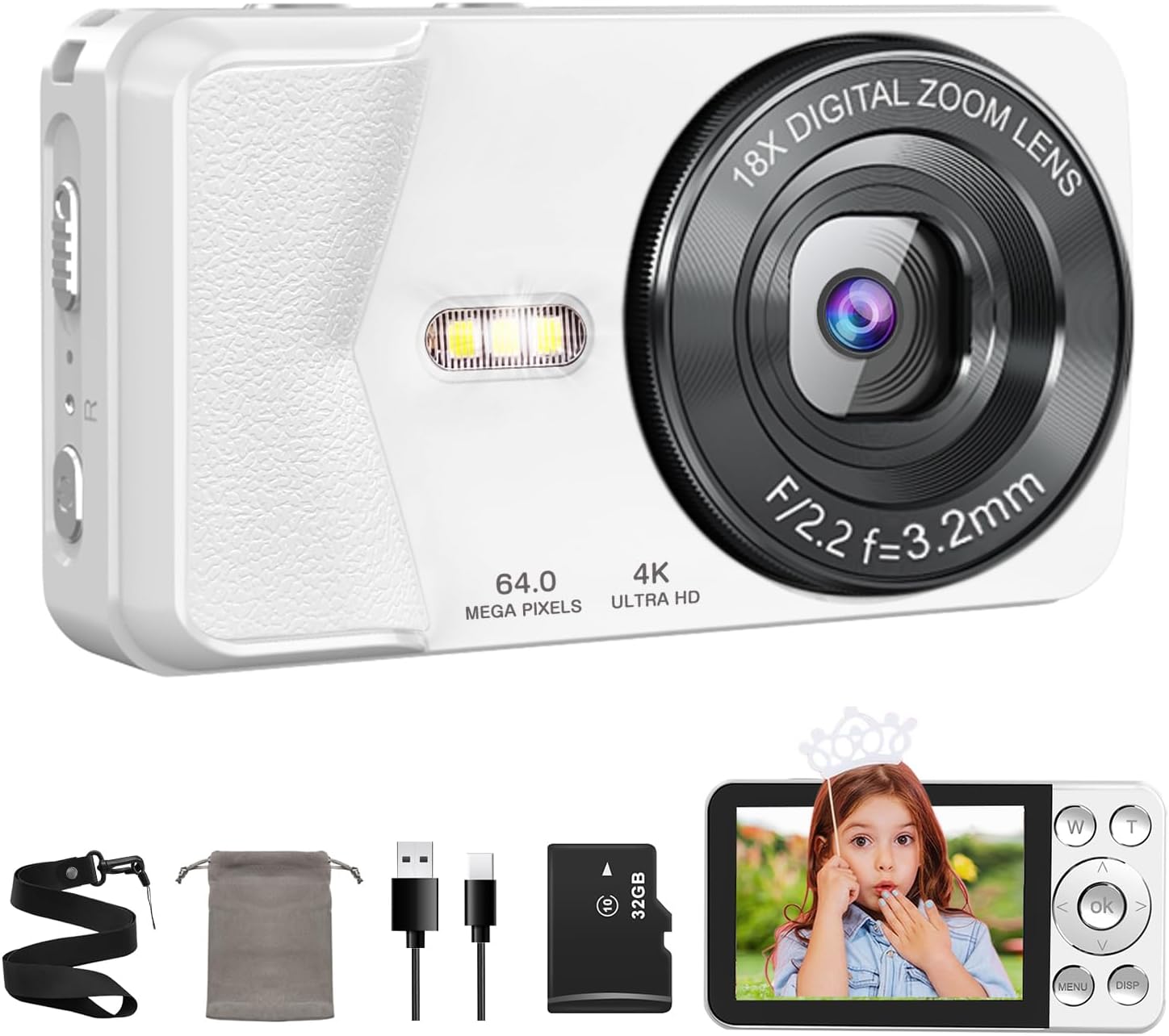 QZTCAMERA コンパクト4Kデジタルカメラ 6400万画素・18倍ズーム・LEDライト付初心者向け（ホワイト）