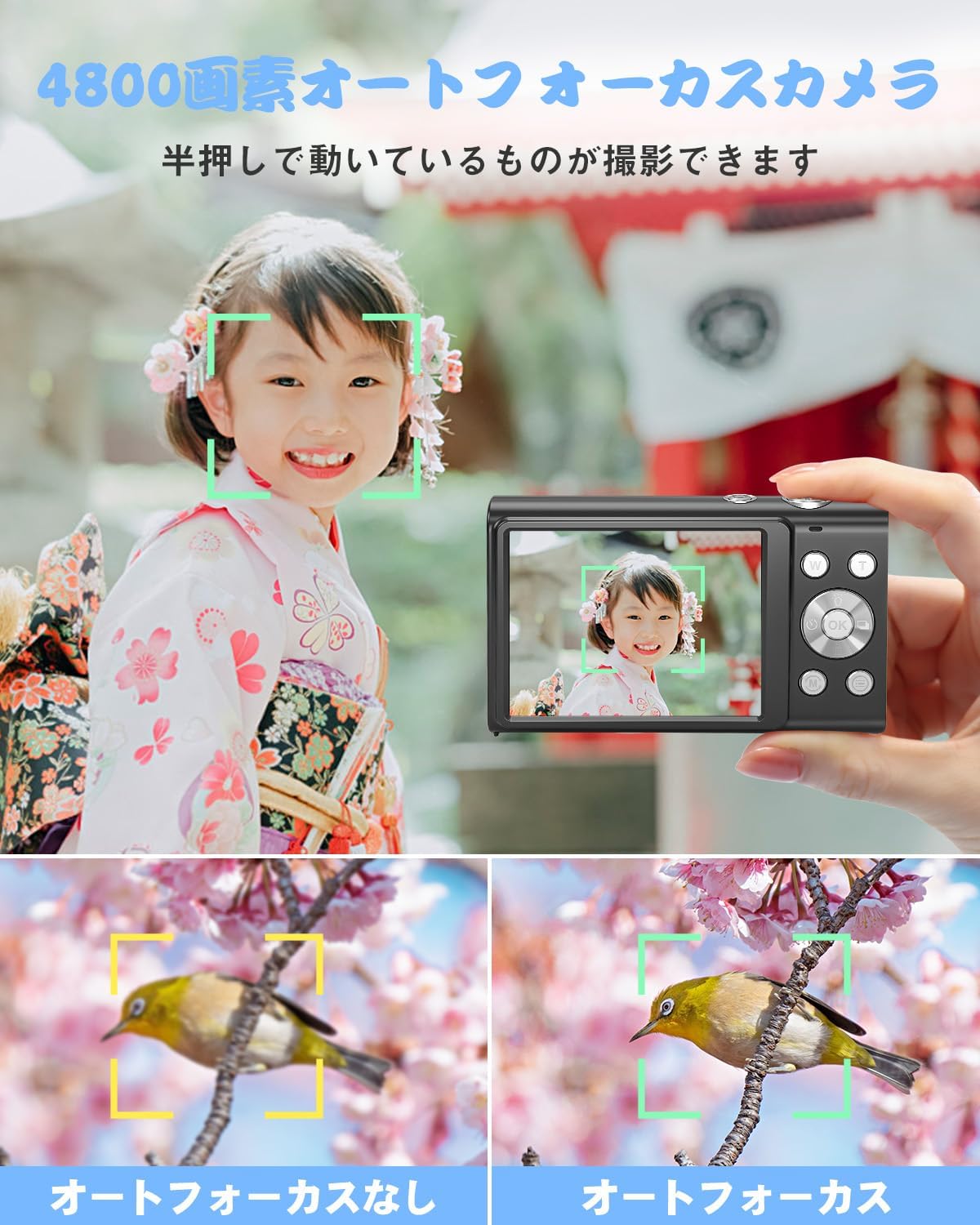 学生・初心者向け軽量デジカメ 4K・4800万画素・16倍ズーム・オートフォーカス・2.8インチ画面・ブラック