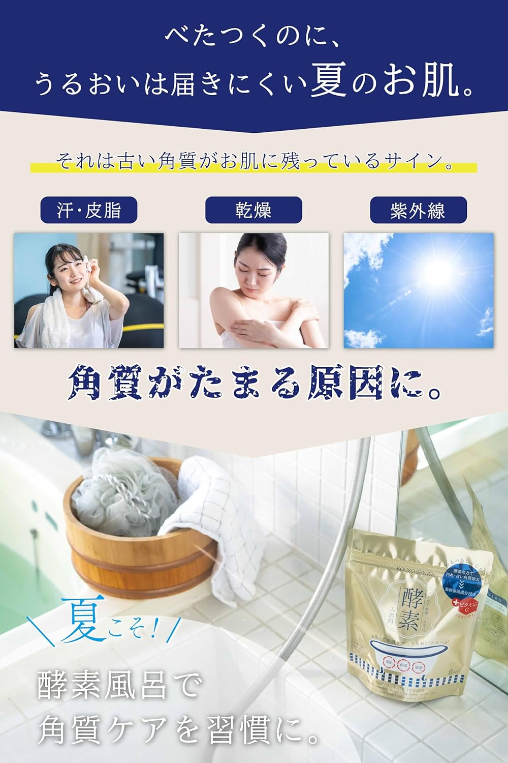 酵素スキンクリアバスパウダー（8包入り・ひのきの香り）【夏の角質ケア・保湿入浴】