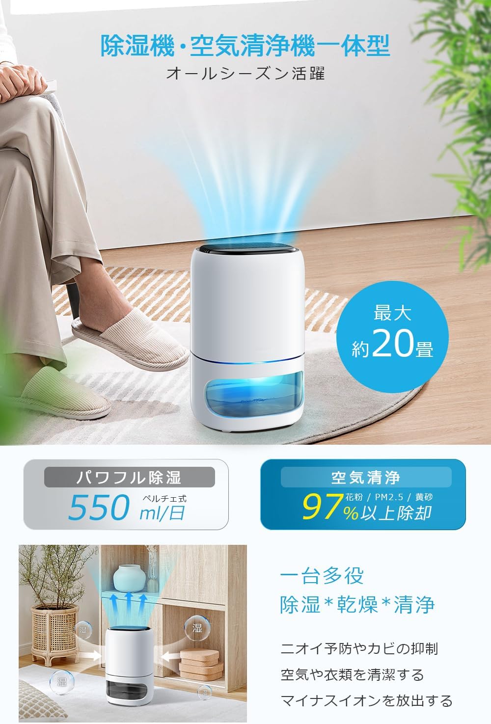強力小型除湿機【1000ML大容量・マイナスイオン機能】静音・省エネ・梅雨対策用