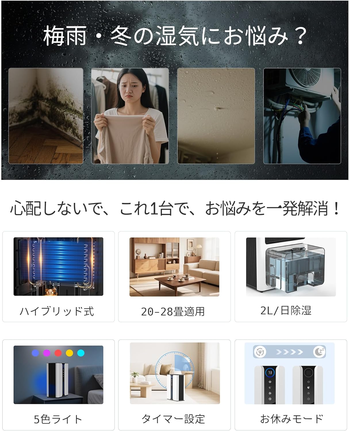 大容量3L除湿機【ハイブリッド式・静音】20-28畳対応｜衣類乾燥・カビ対策・省エネ