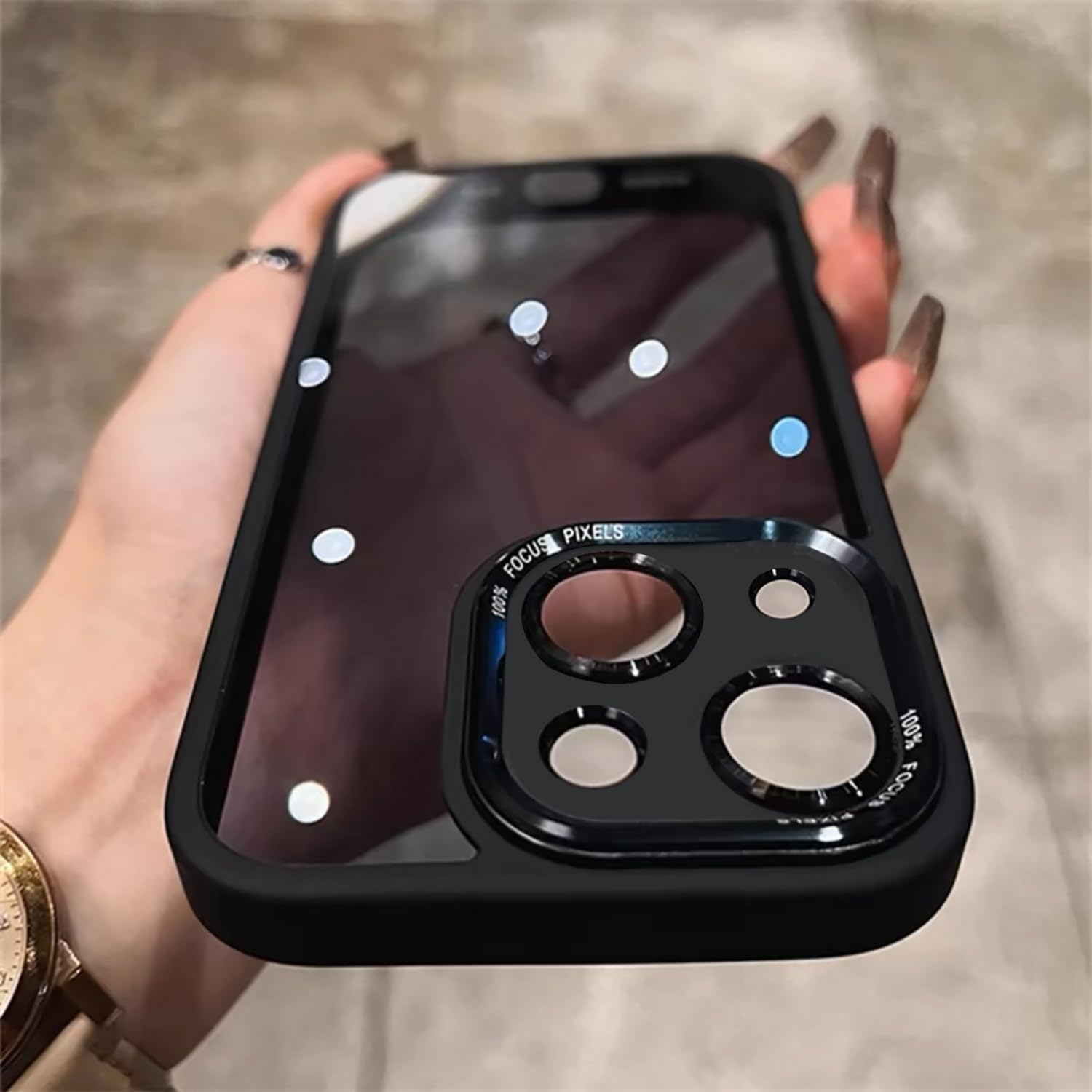 iPhone 15用透明バックプレーンケース・カメラレンズ保護付き（耐衝撃・ブラック）